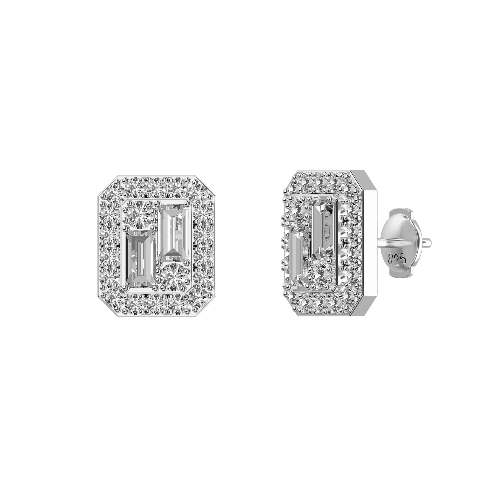 Emerald Cut Mix Halo Stud Earrings - Pair