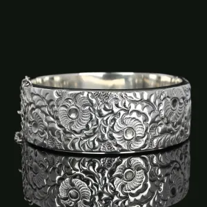 English Wide Floral Engraved Silver Bracelet Bangle