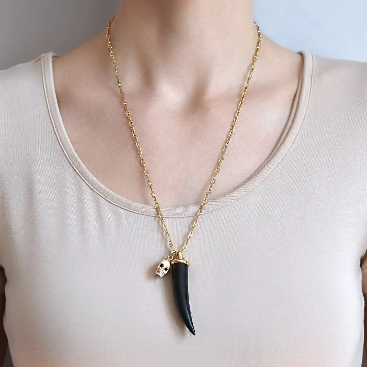 Estate 18kt/14kt Carved Bone Skull   Wood Horn Pendant Compilation Necklace