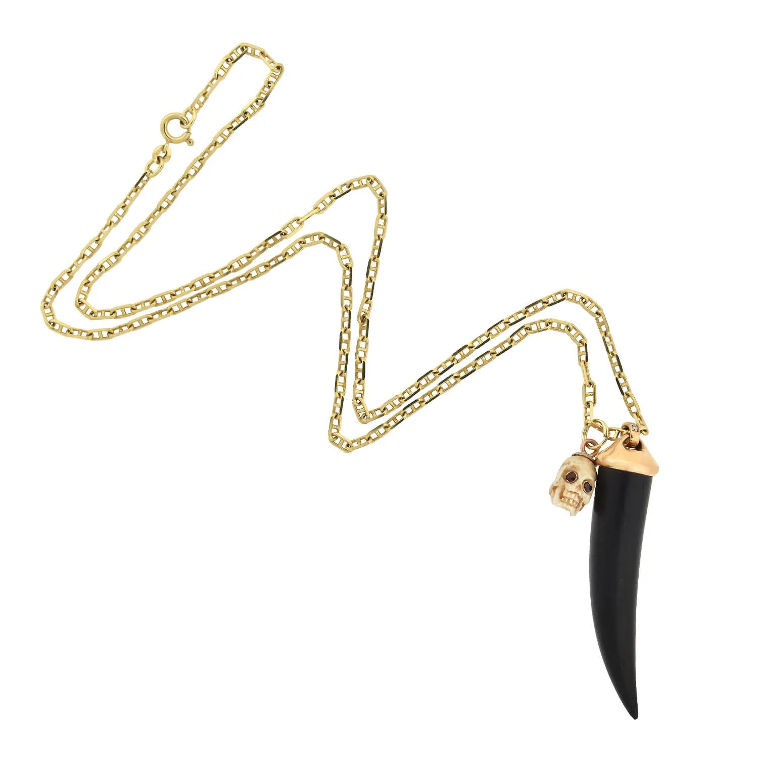 Estate 18kt/14kt Carved Bone Skull   Wood Horn Pendant Compilation Necklace