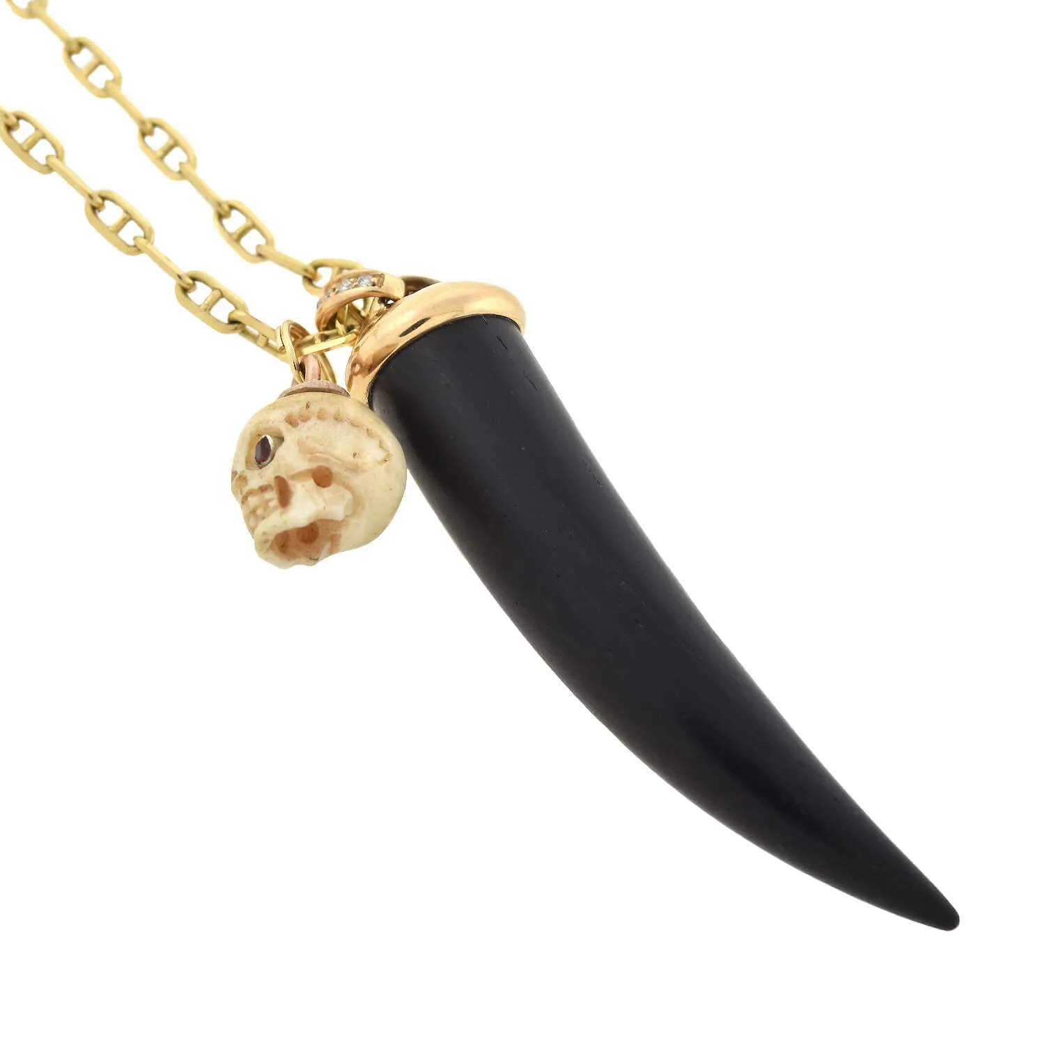 Estate 18kt/14kt Carved Bone Skull   Wood Horn Pendant Compilation Necklace