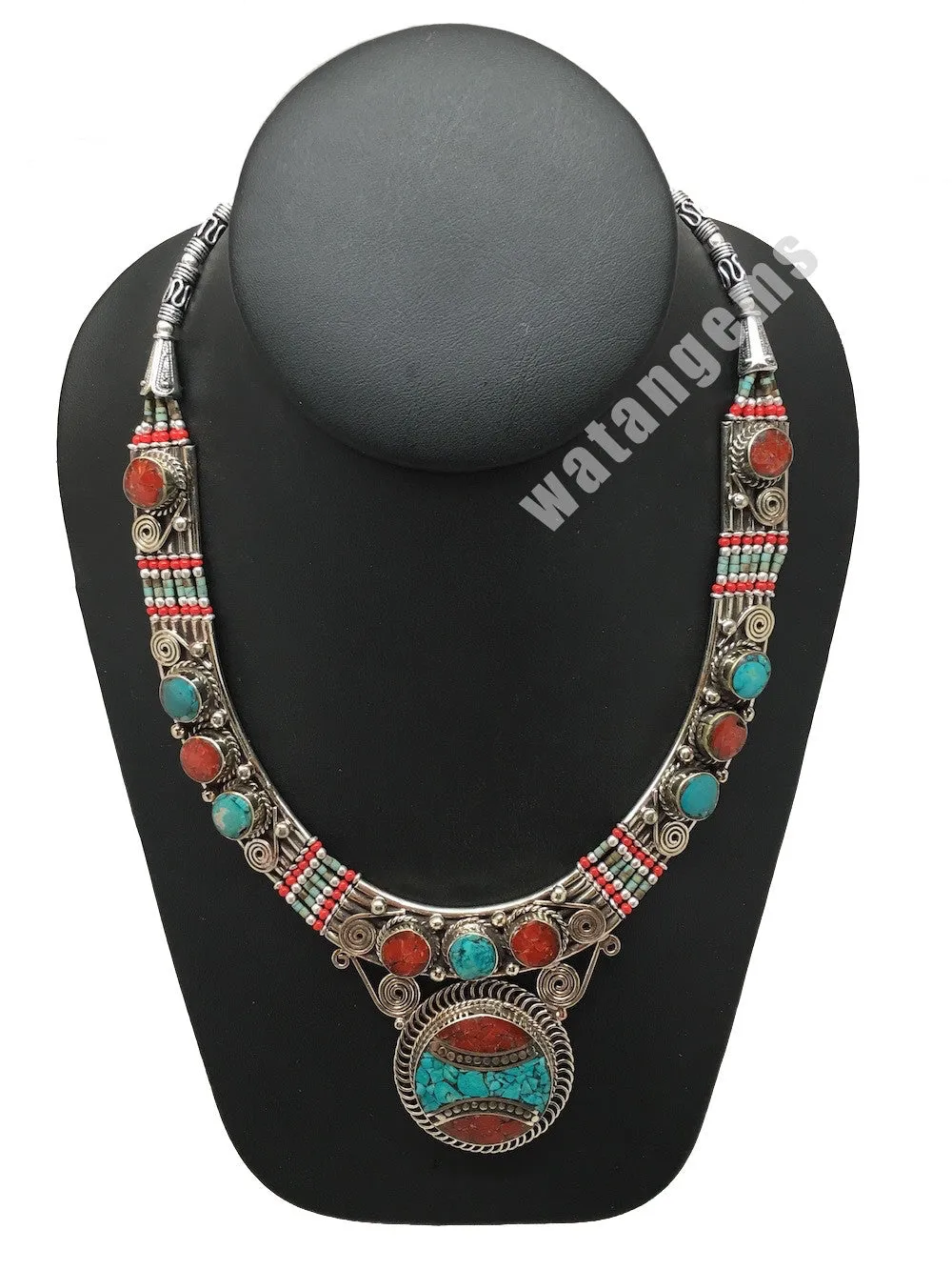Ethnic Tribal Green Turquoise & Red Coral Inlay Boho Statement Necklace, NPN54