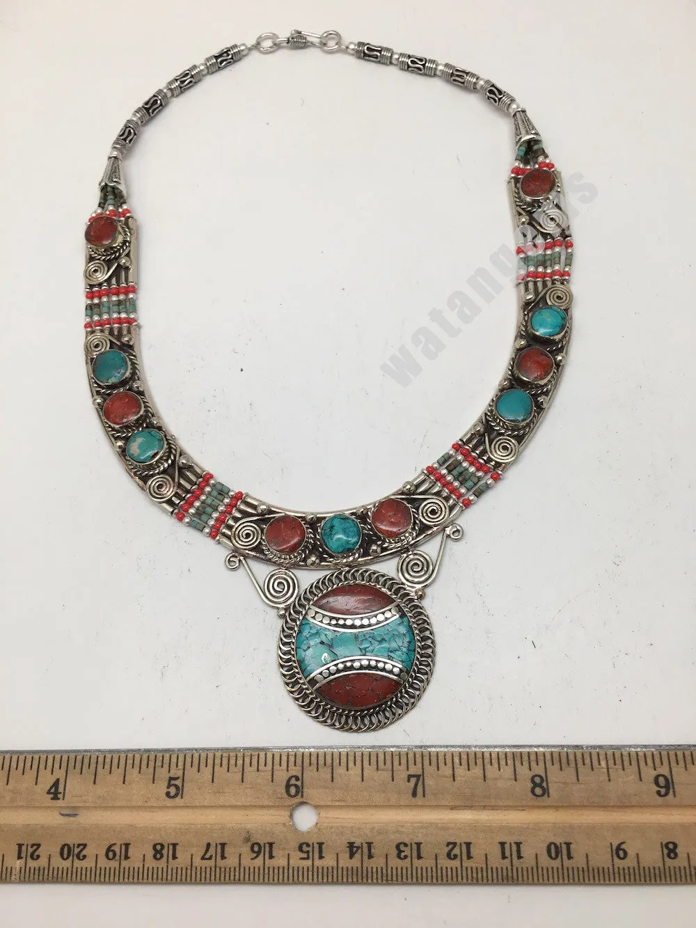 Ethnic Tribal Green Turquoise & Red Coral Inlay Boho Statement Necklace, NPN54