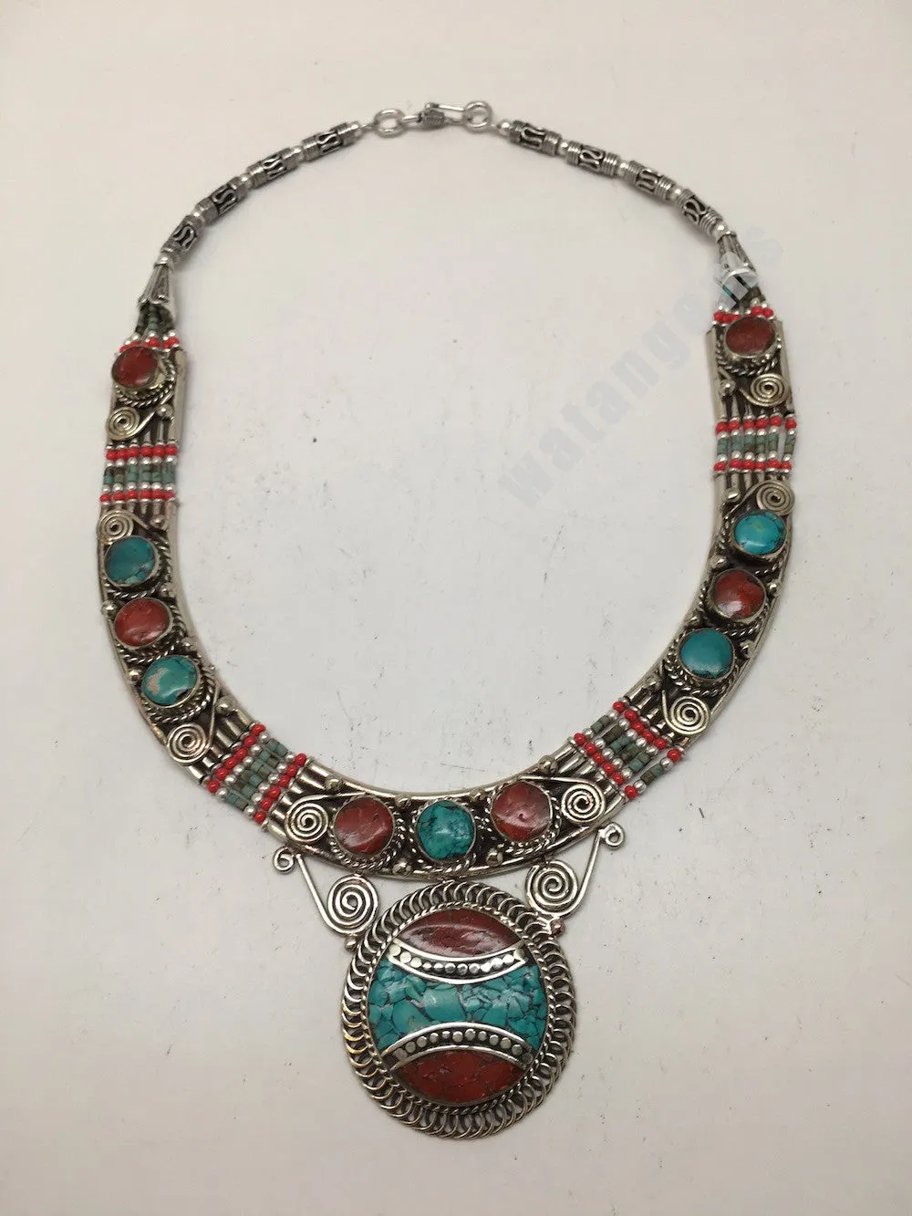 Ethnic Tribal Green Turquoise & Red Coral Inlay Boho Statement Necklace, NPN54