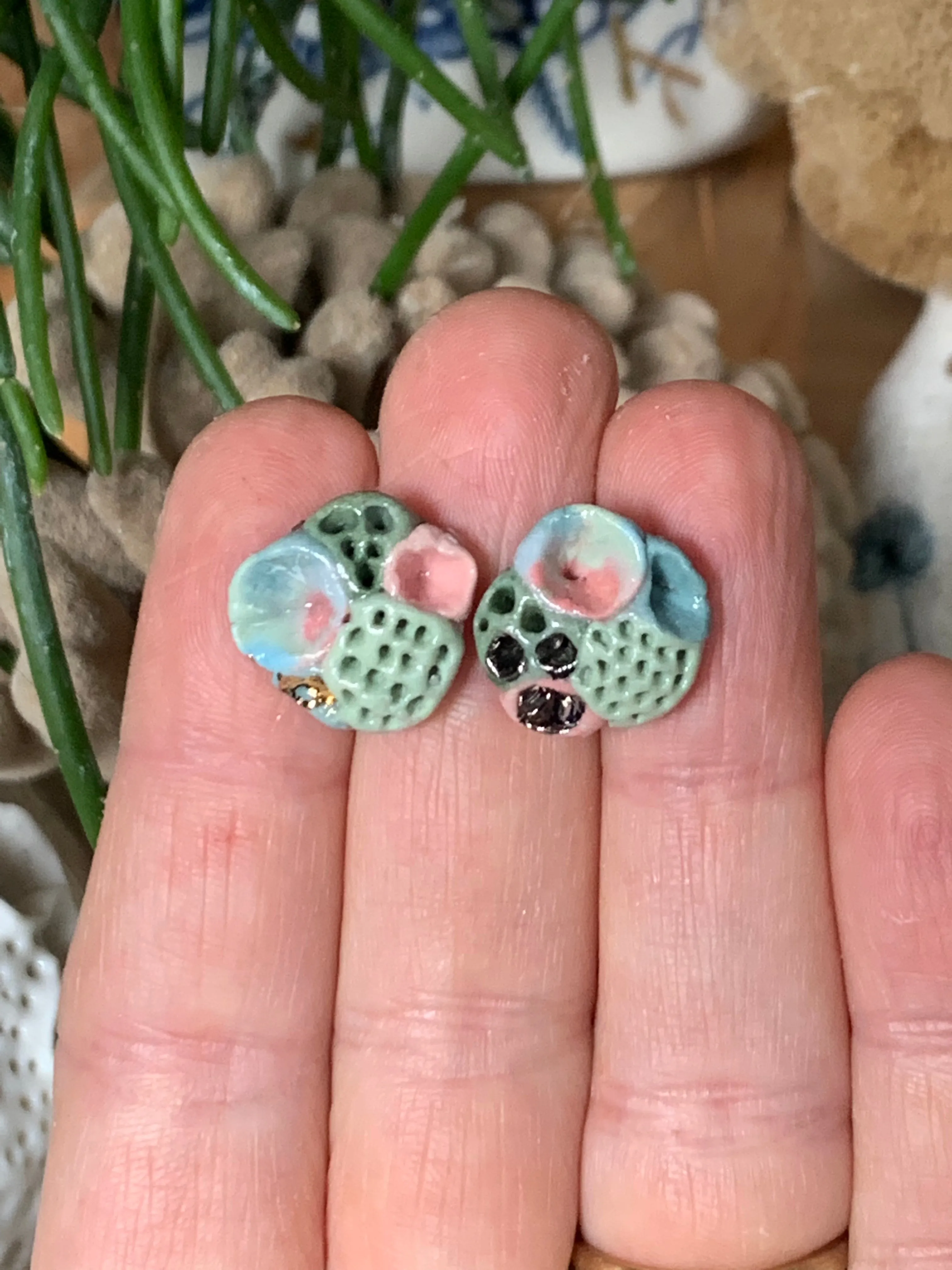 Green tones and silver lustre porcelain ‘coral’ studs, choose a pair