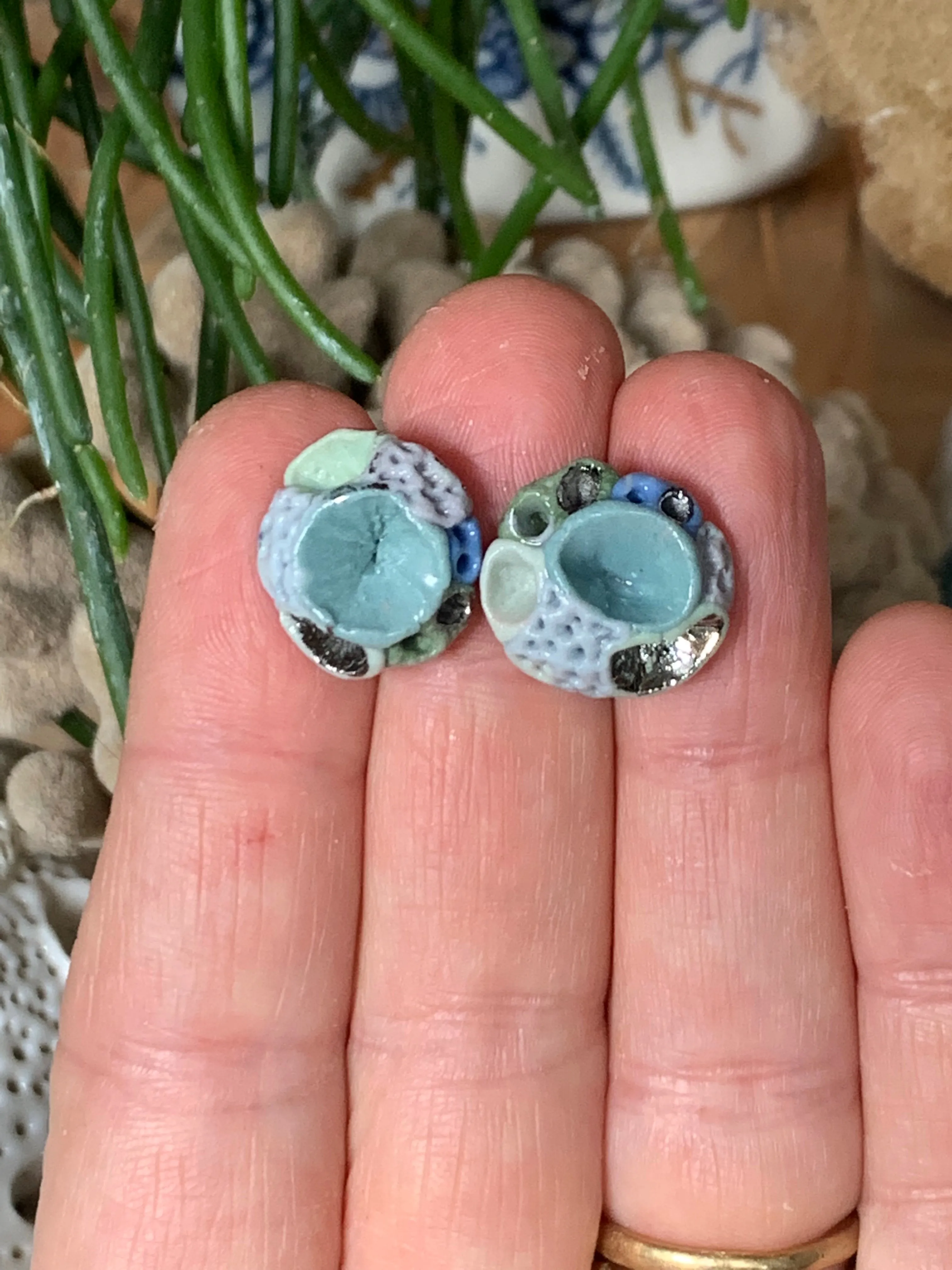 Green tones and silver lustre porcelain ‘coral’ studs, choose a pair