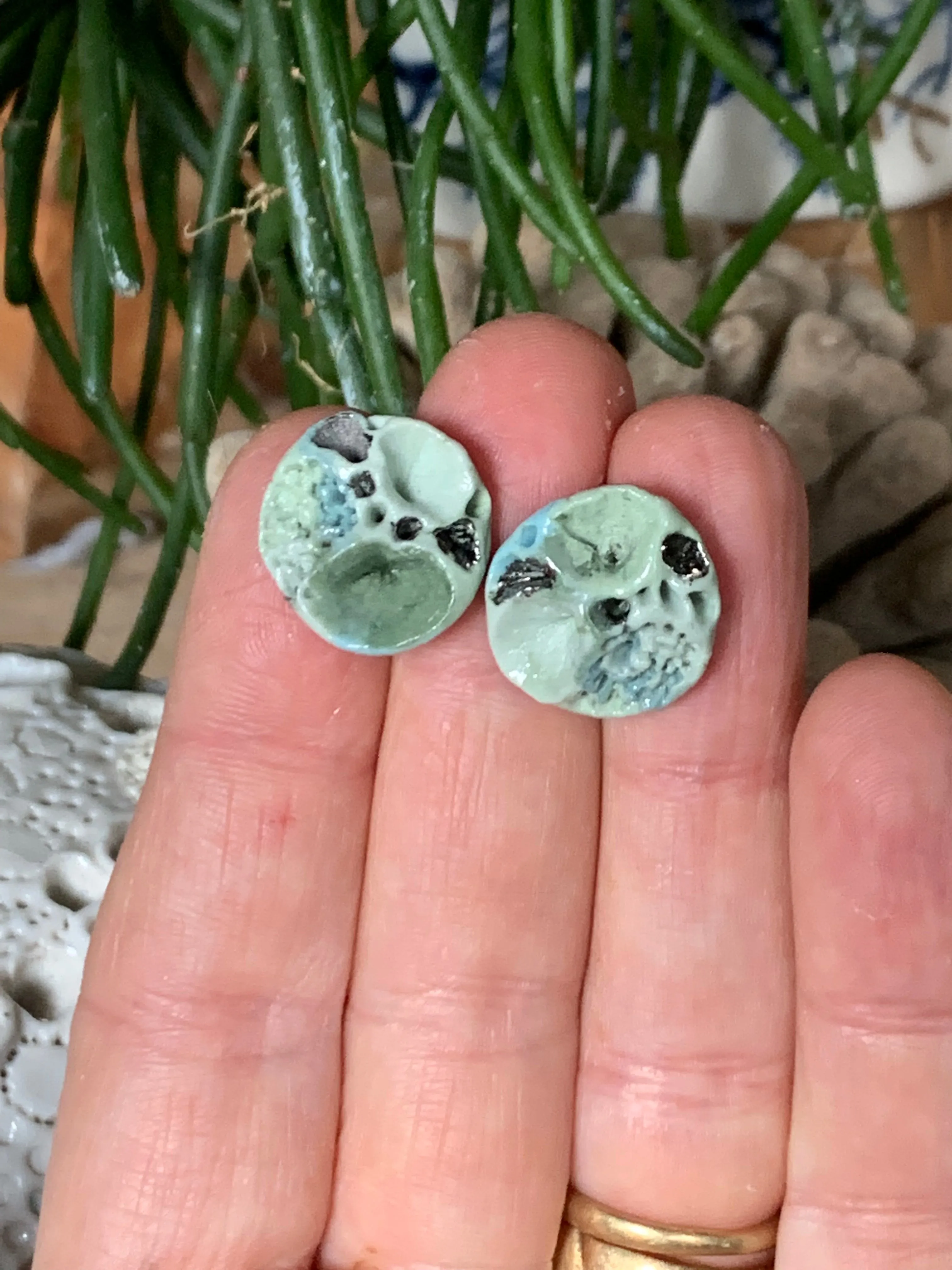 Green tones and silver lustre porcelain ‘coral’ studs, choose a pair