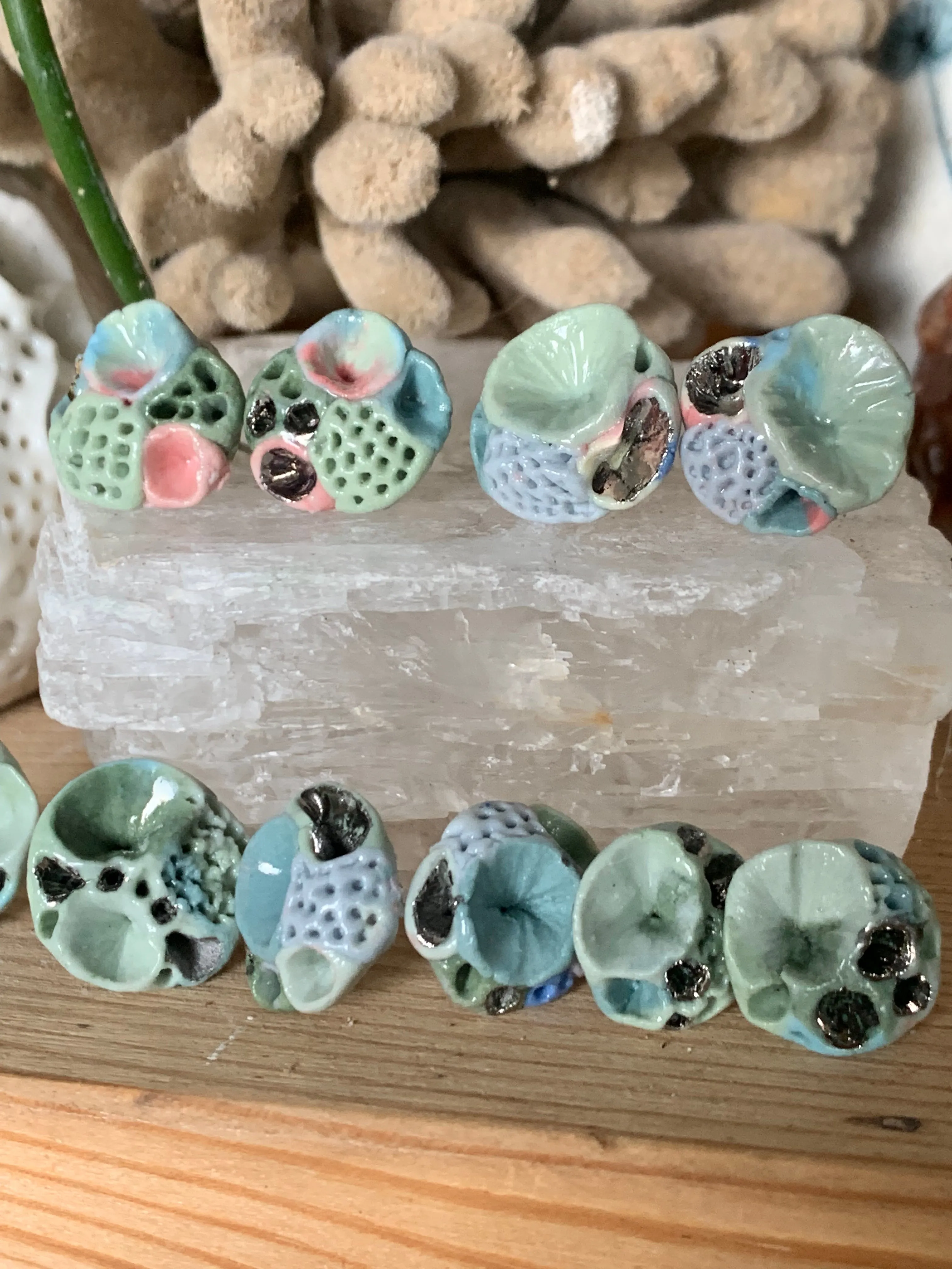 Green tones and silver lustre porcelain ‘coral’ studs, choose a pair