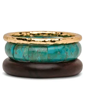 Hammered Gold and Turquoise Rosewood Bracelet Set