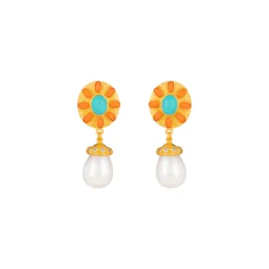 Heather Earrings Orange Coral, Turquoise, Crystal & Pearls