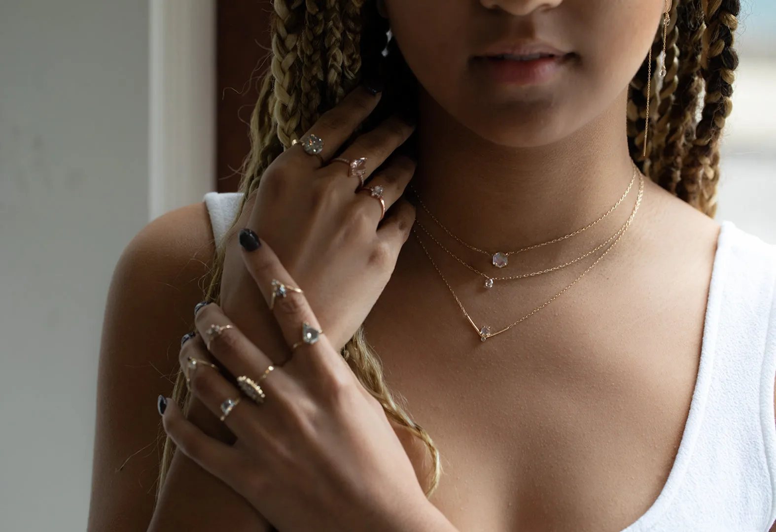 Hexagon Moonstone   Diamond Necklace