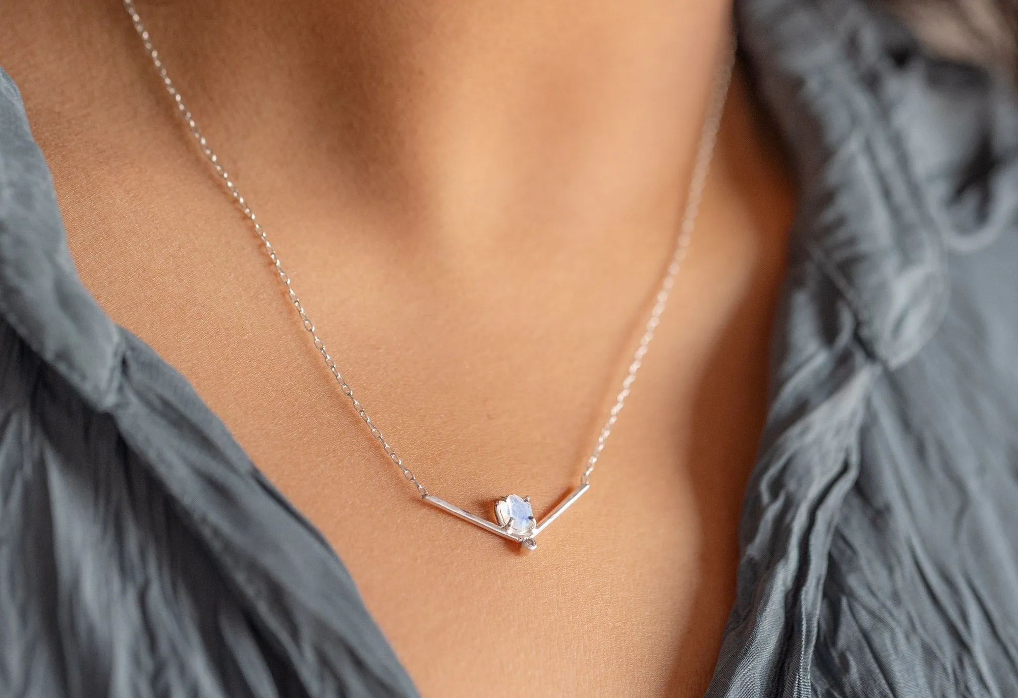 Hexagon Moonstone   Diamond Necklace