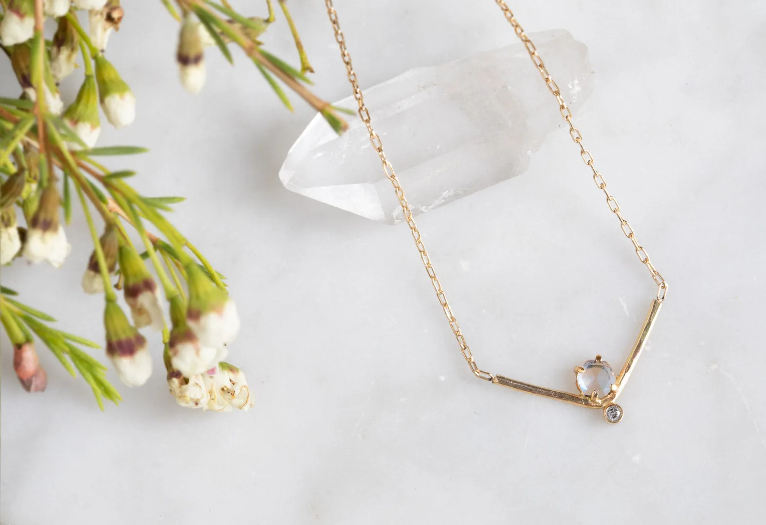 Hexagon Moonstone   Diamond Necklace