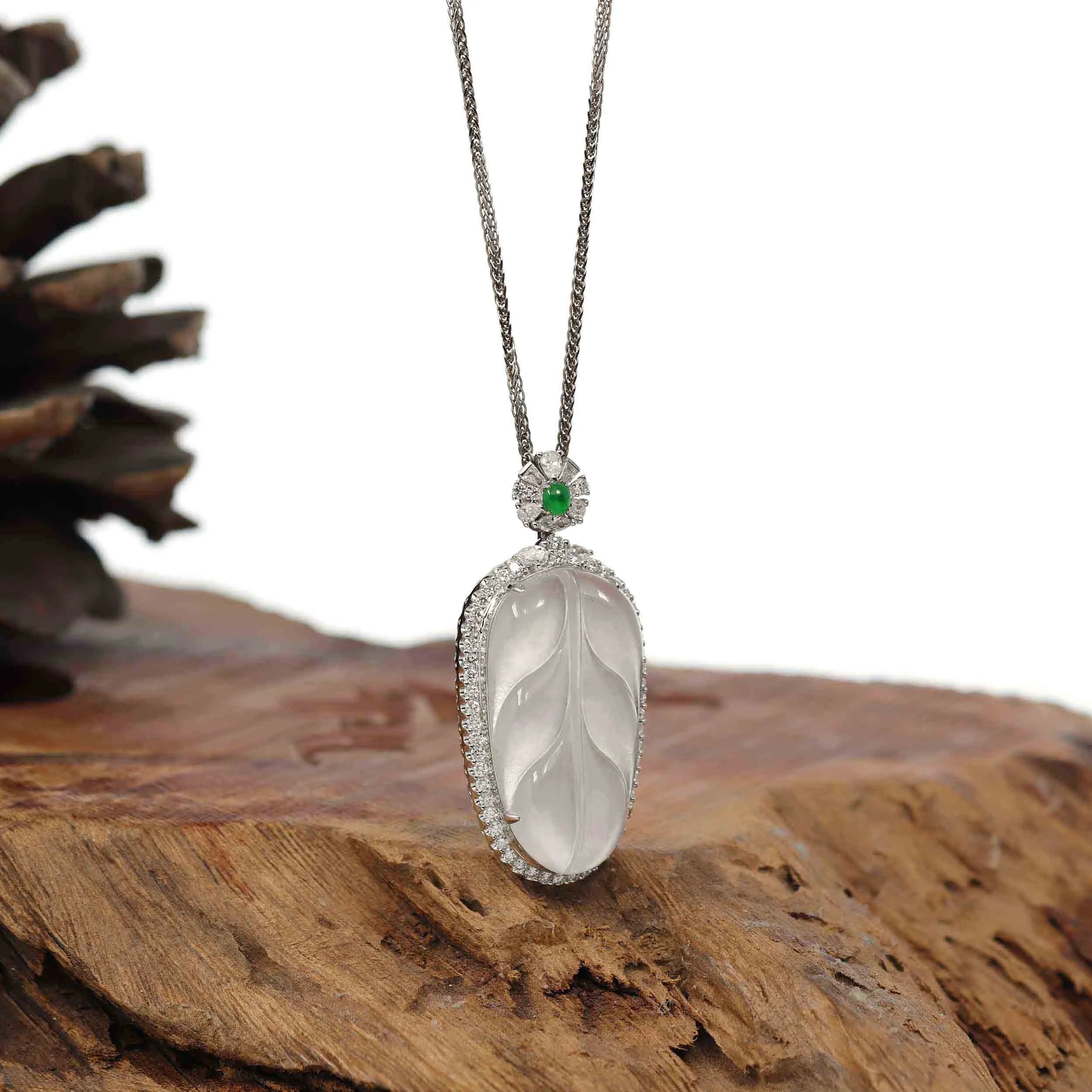 High-end Genuine Ice Jadeite Jade Jin Zhi Yu Ye (Leaf) Necklace With 18k Gold & Diamond