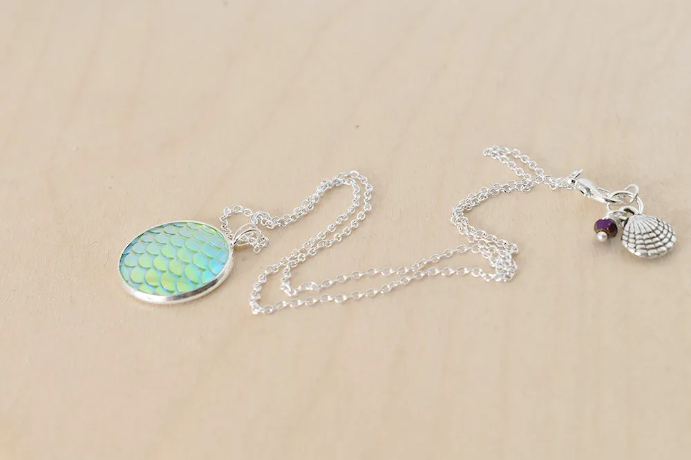Iridescent Green Mermaid Scale Necklace | Round Mermaid Scales Pendant | Magic Mermaid Jewelry