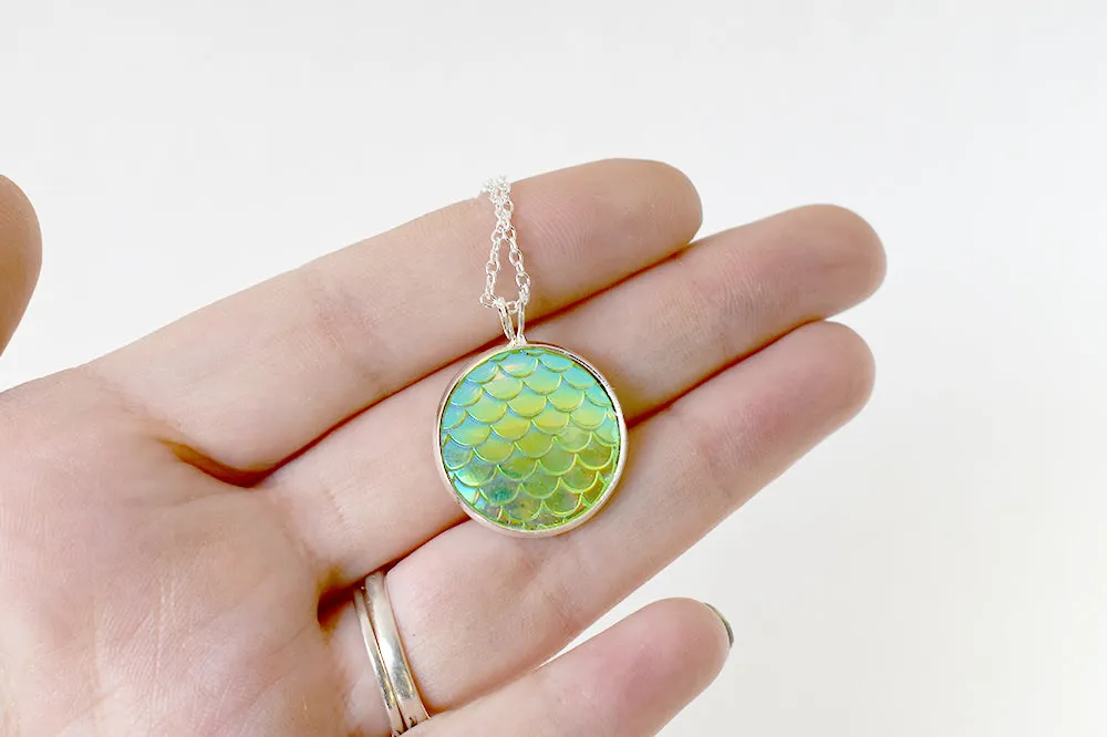 Iridescent Green Mermaid Scale Necklace | Round Mermaid Scales Pendant | Magic Mermaid Jewelry