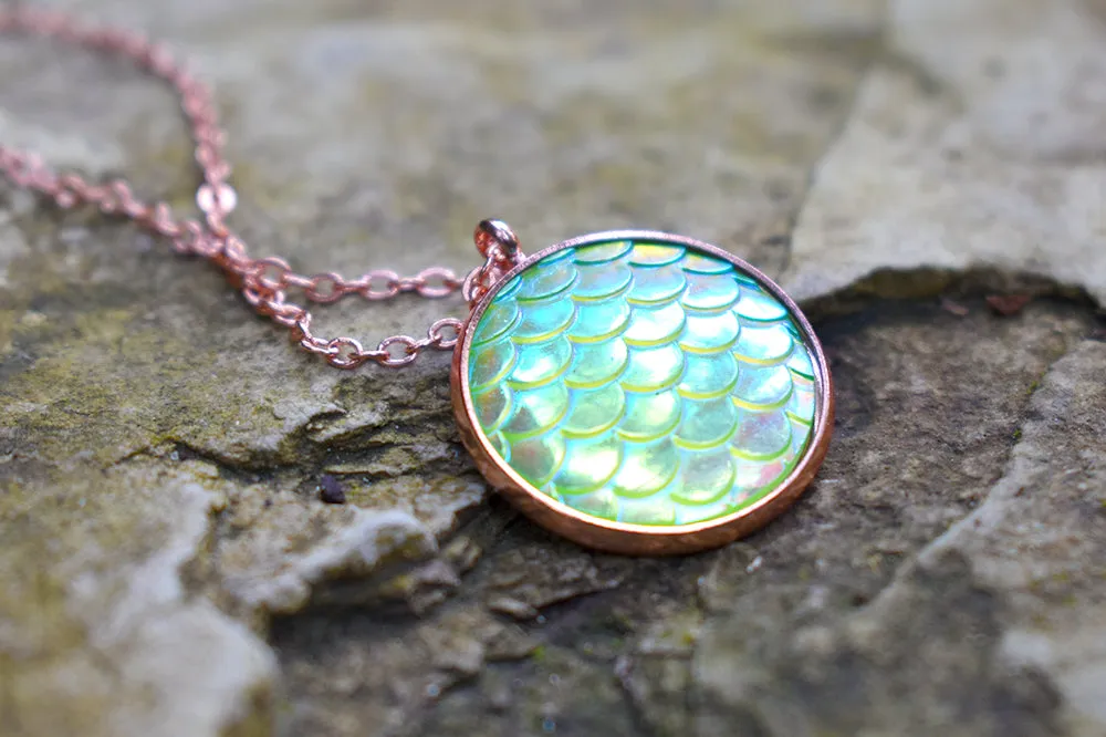 Iridescent Green Mermaid Scale Necklace | Round Mermaid Scales Pendant | Magic Mermaid Jewelry