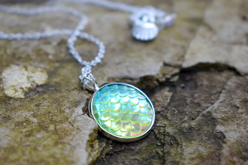 Iridescent Green Mermaid Scale Necklace | Round Mermaid Scales Pendant | Magic Mermaid Jewelry