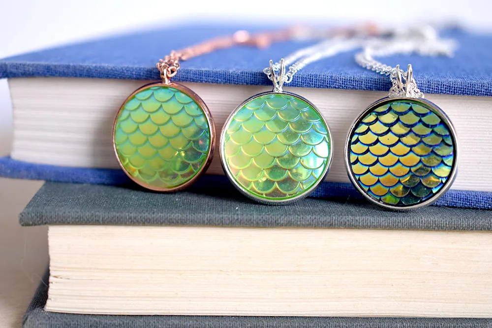 Iridescent Green Mermaid Scale Necklace | Round Mermaid Scales Pendant | Magic Mermaid Jewelry