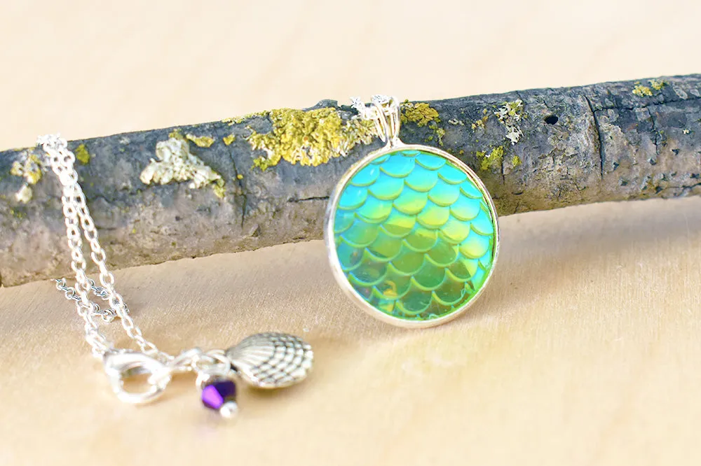Iridescent Green Mermaid Scale Necklace | Round Mermaid Scales Pendant | Magic Mermaid Jewelry