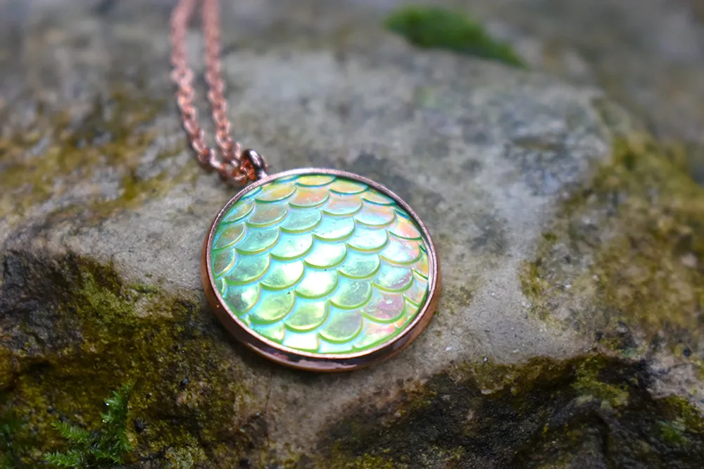 Iridescent Green Mermaid Scale Necklace | Round Mermaid Scales Pendant | Magic Mermaid Jewelry