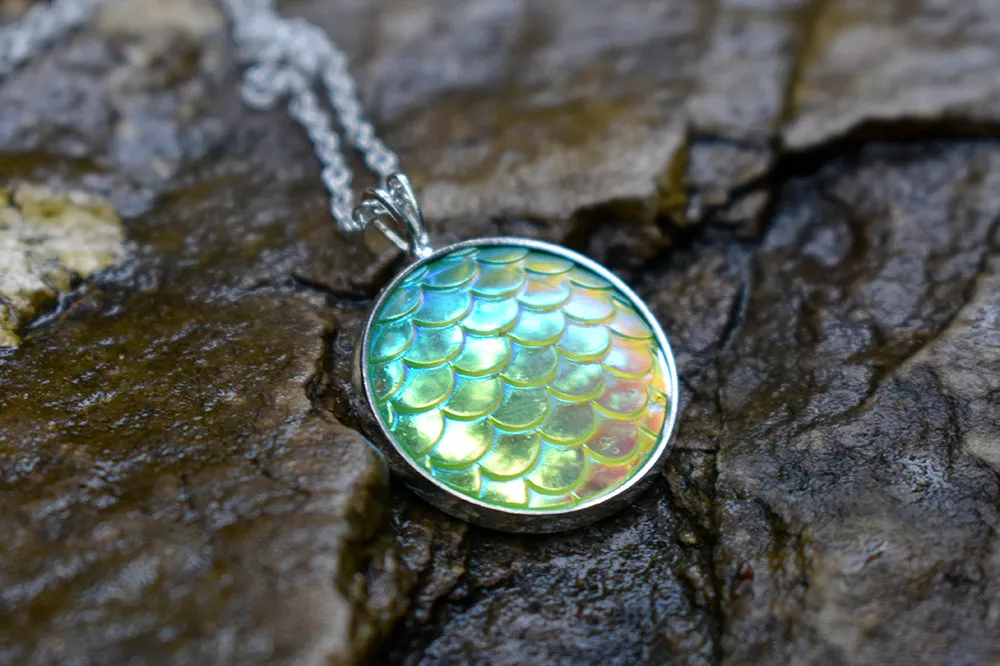 Iridescent Green Mermaid Scale Necklace | Round Mermaid Scales Pendant | Magic Mermaid Jewelry