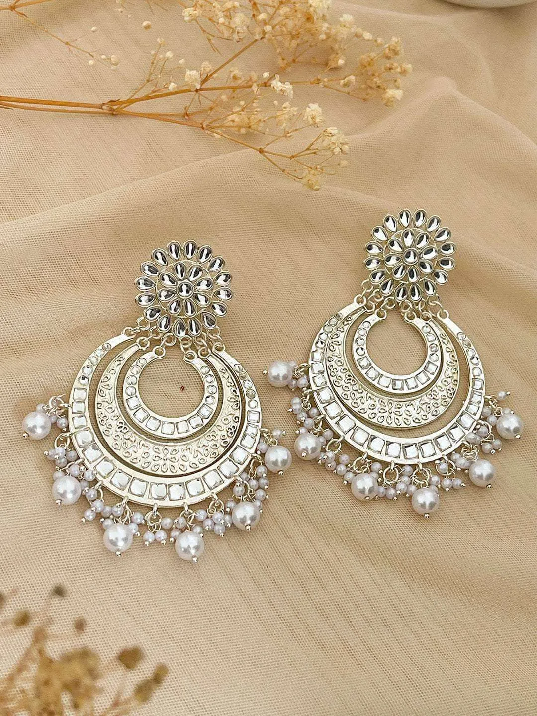 Light Grey Moti And Stonework Chandbali Earrings