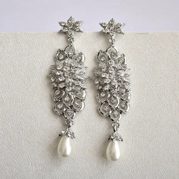 Long Bridal Earrings, Rhinestone Wedding Earrings, Pearl Crystal Chandelier Earrings, Pearl Rhinestone Dangle Statement Earrings