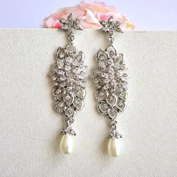 Long Bridal Earrings, Rhinestone Wedding Earrings, Pearl Crystal Chandelier Earrings, Pearl Rhinestone Dangle Statement Earrings