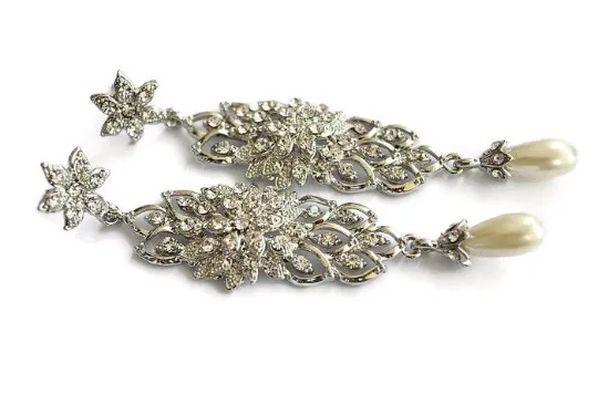 Long Bridal Earrings, Rhinestone Wedding Earrings, Pearl Crystal Chandelier Earrings, Pearl Rhinestone Dangle Statement Earrings