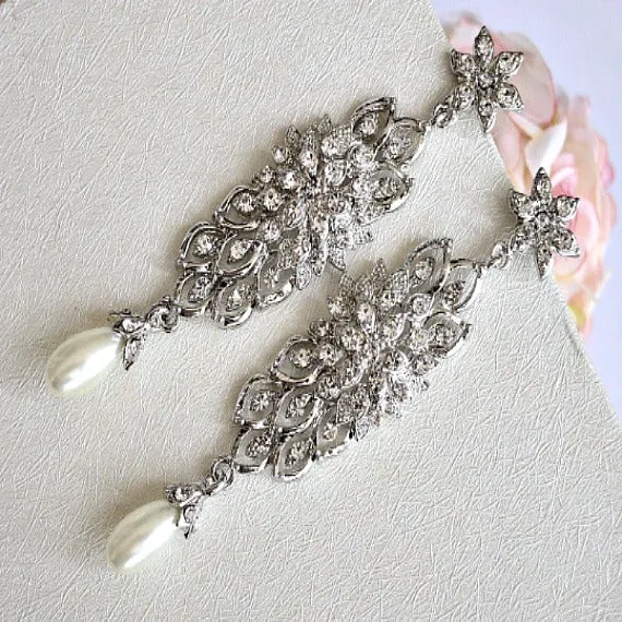 Long Bridal Earrings, Rhinestone Wedding Earrings, Pearl Crystal Chandelier Earrings, Pearl Rhinestone Dangle Statement Earrings