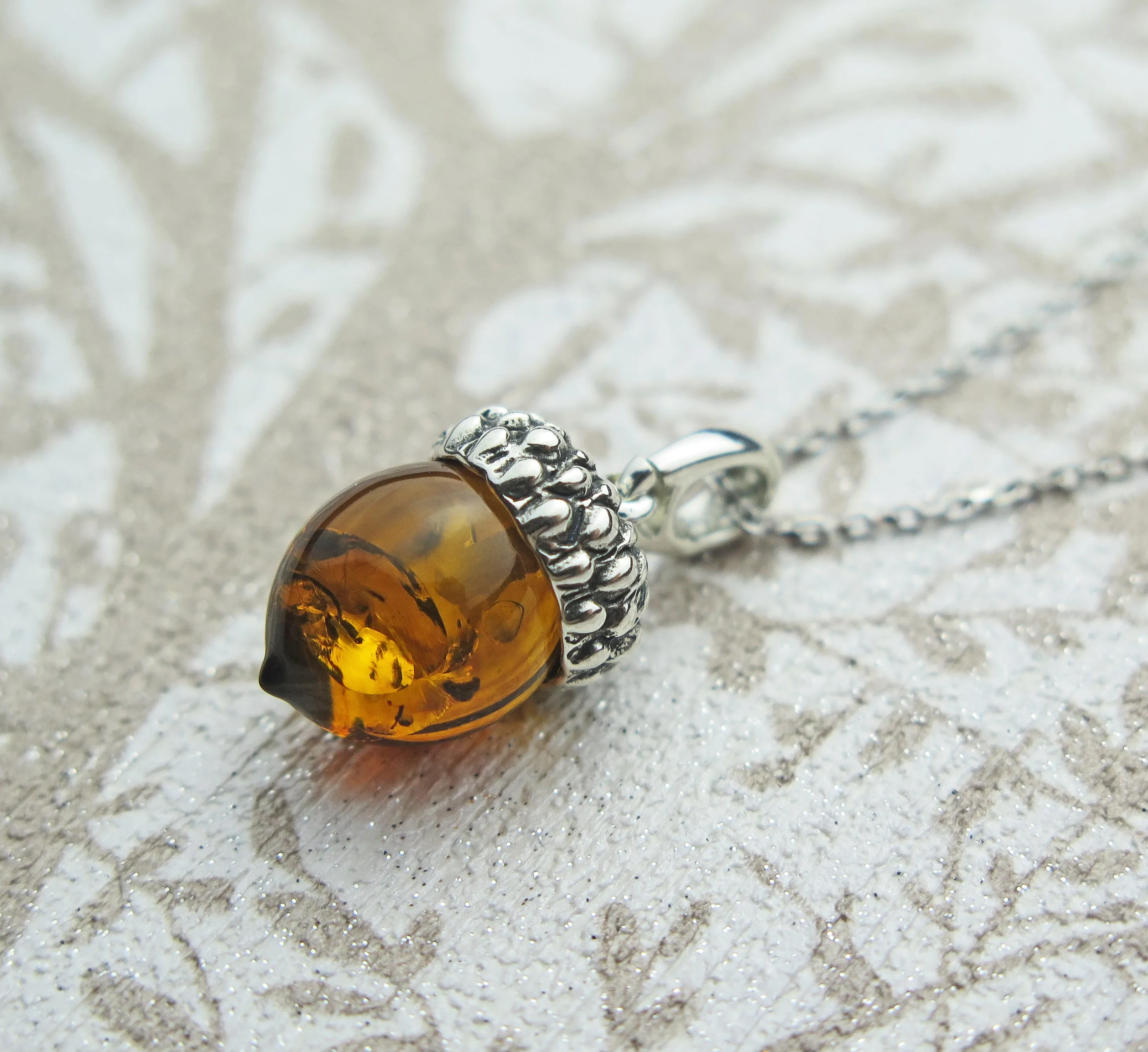 Lucky Sterling Silver Real Genuine Cognac Amber Small Acorn Pendant Necklace