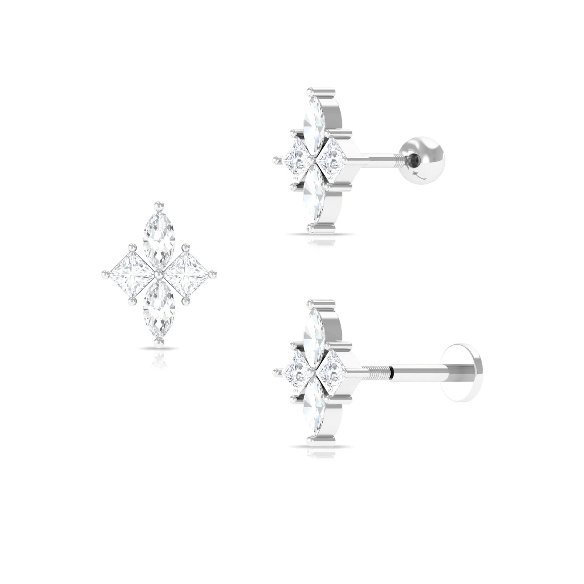 Marquise and Princess Cut Moissanite Flower Cartilage Earring
