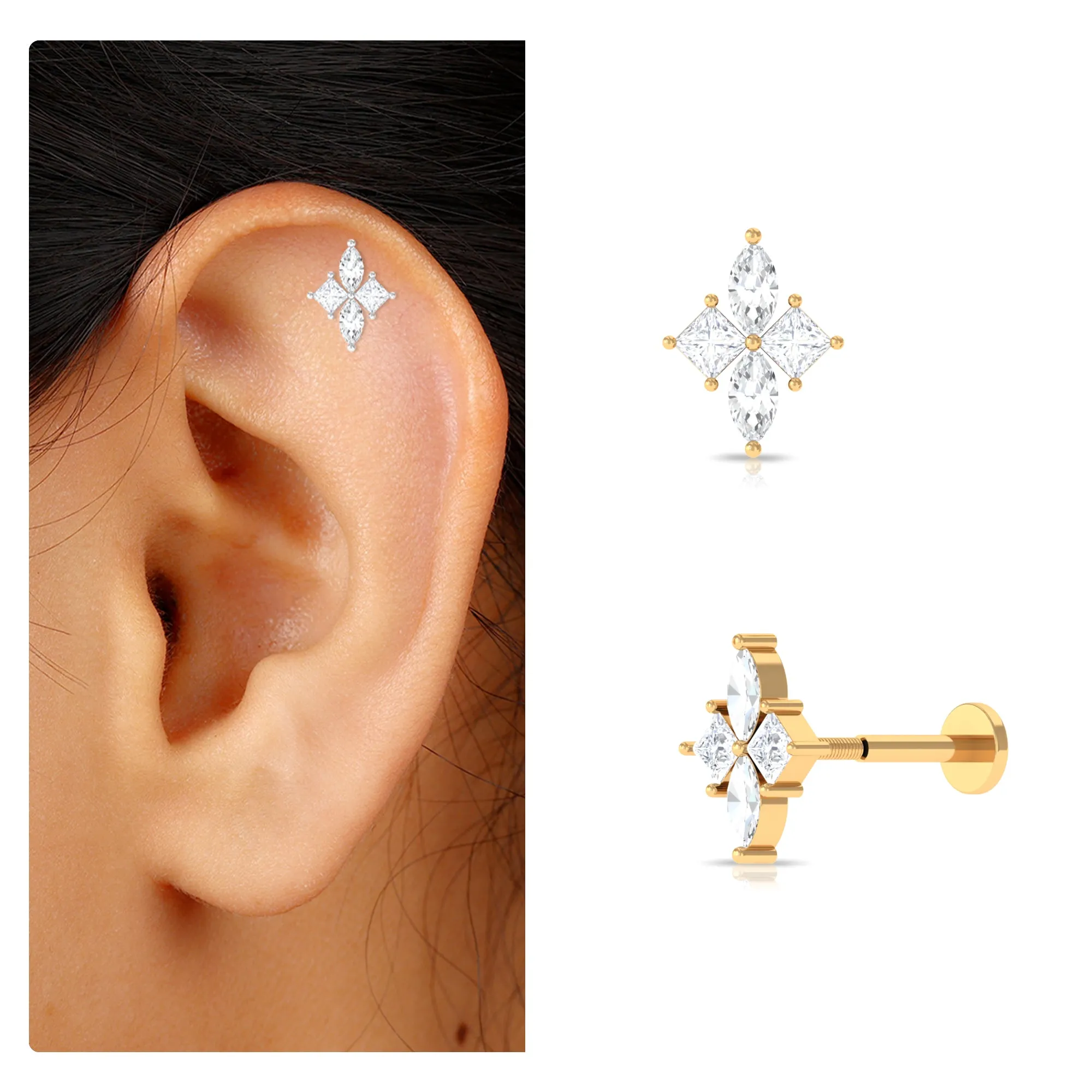 Marquise and Princess Cut Moissanite Flower Cartilage Earring