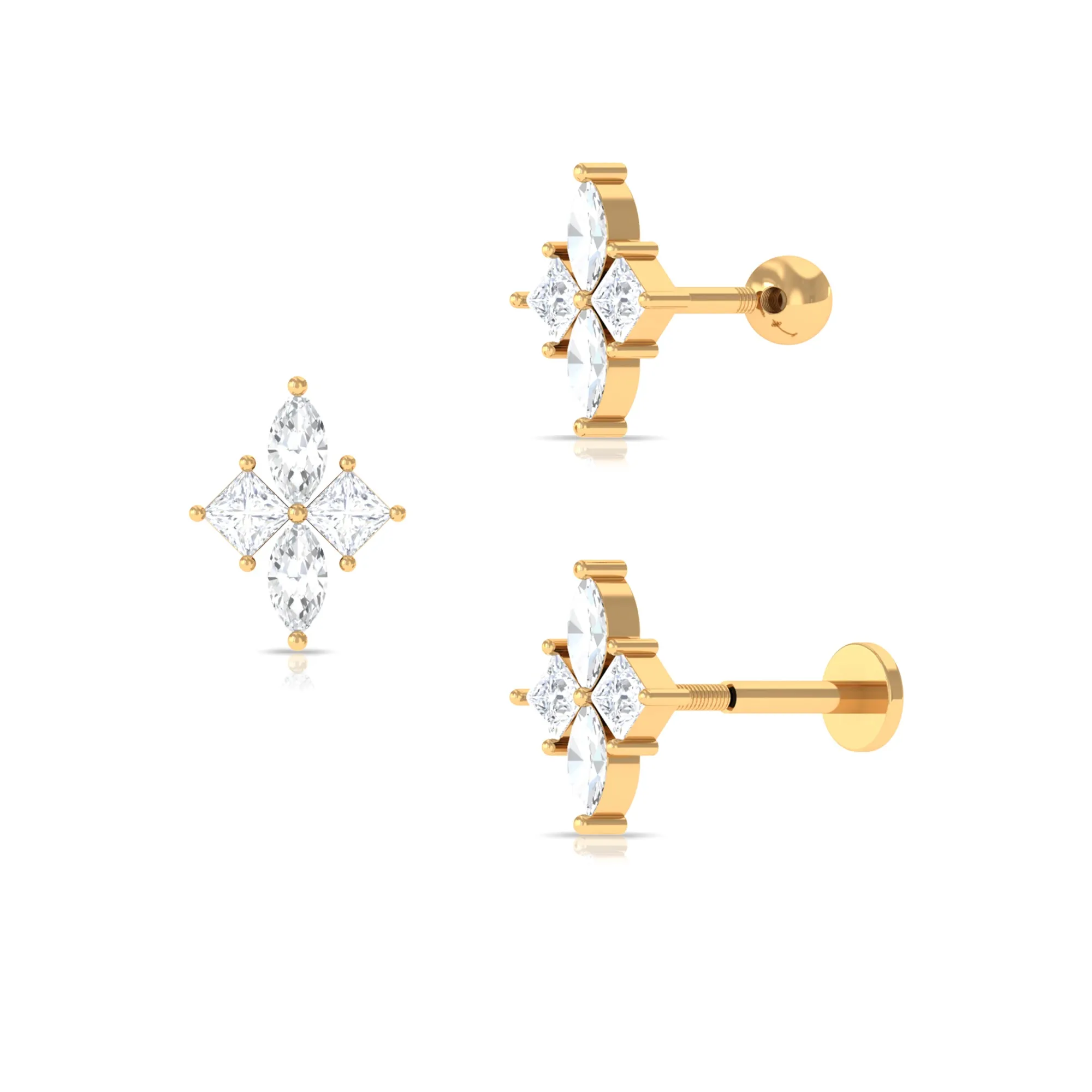 Marquise and Princess Cut Moissanite Flower Cartilage Earring
