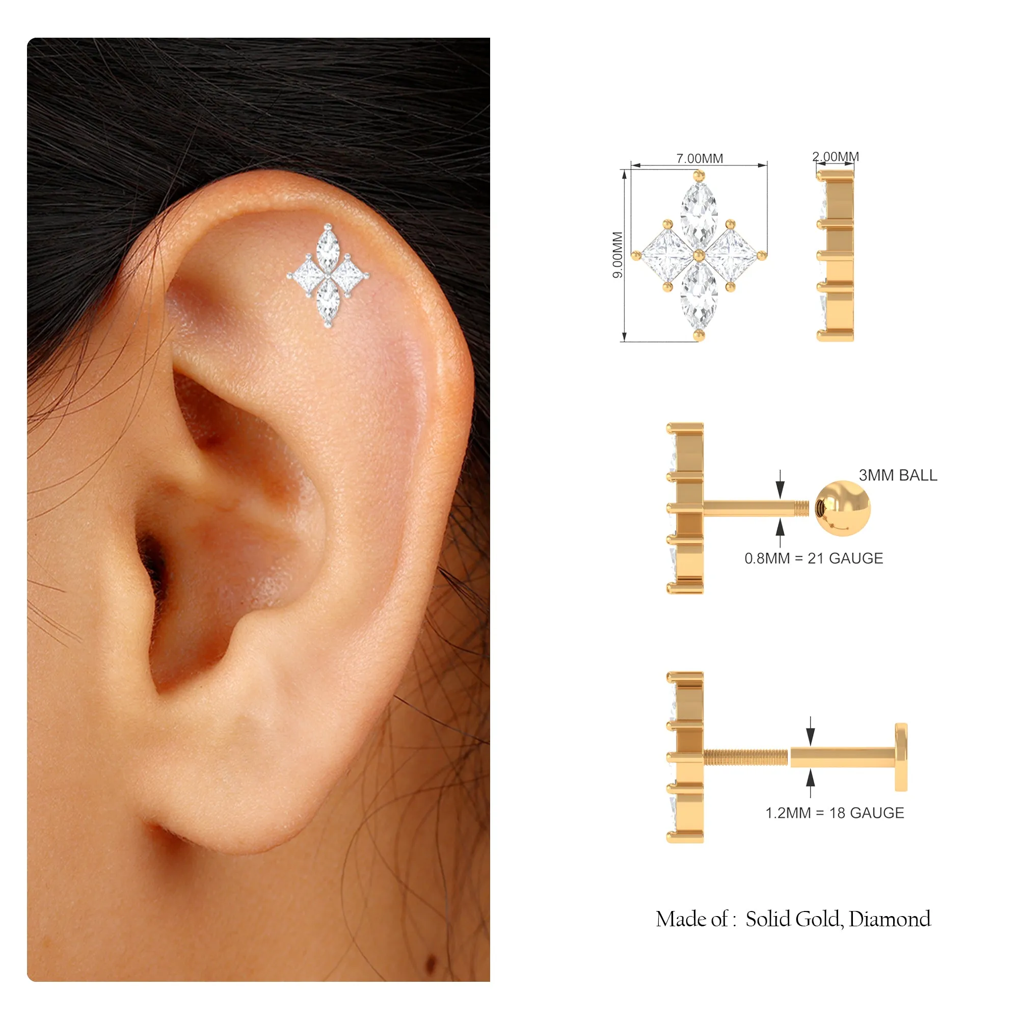 Marquise and Princess Cut Moissanite Flower Cartilage Earring