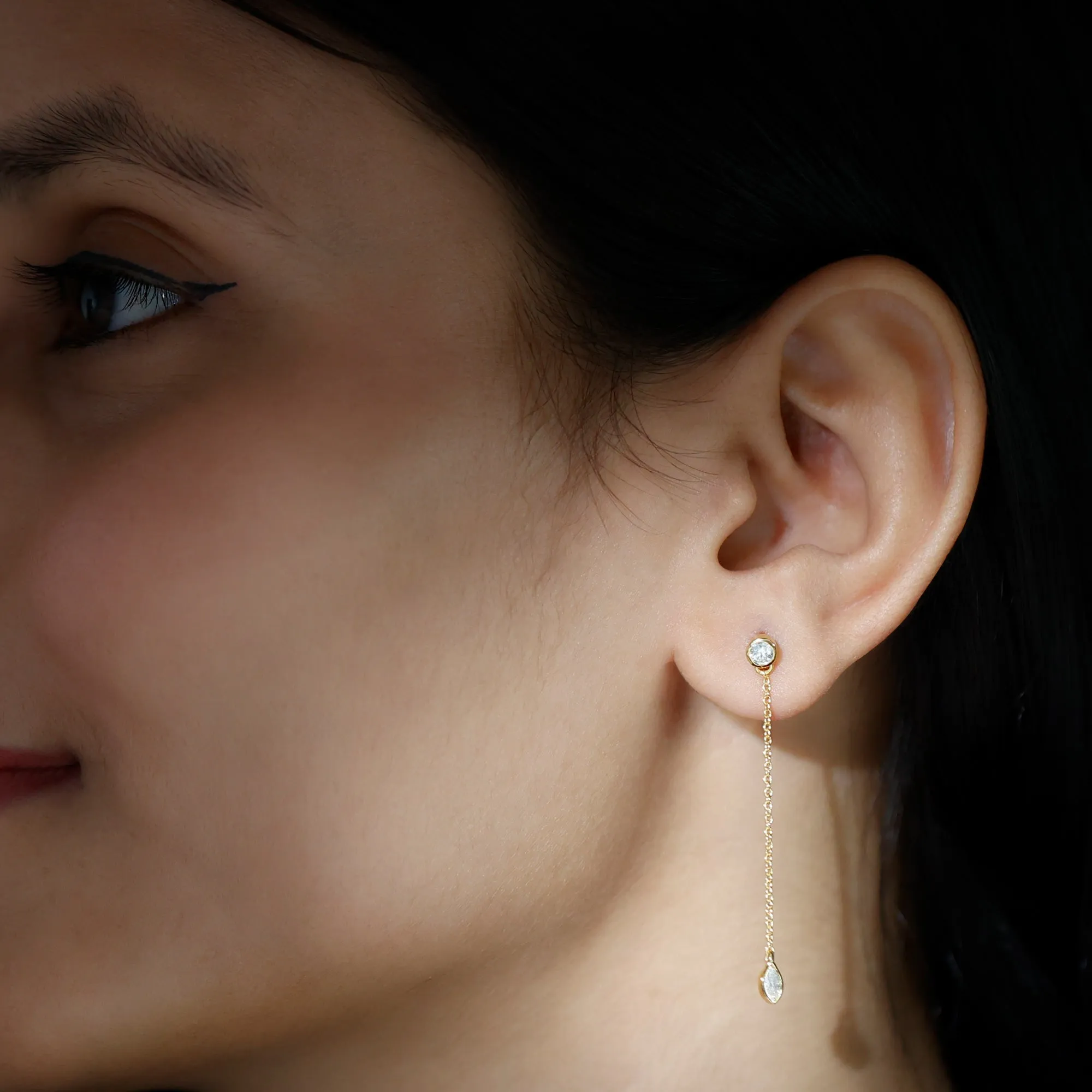Marquise and Round Diamond Dangle Chain Earrings in Bezel Setting