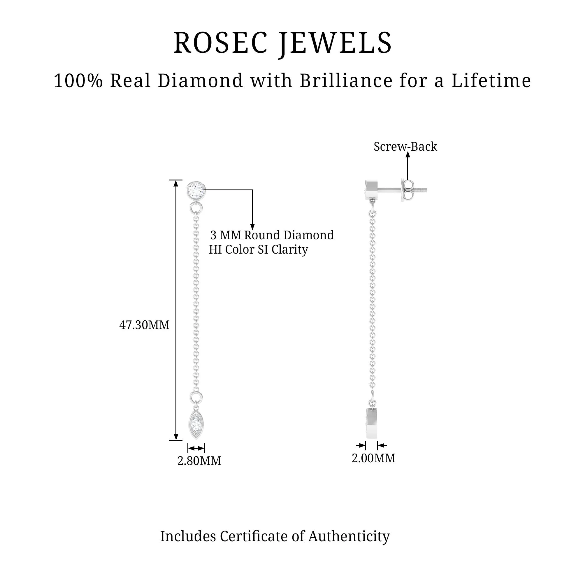 Marquise and Round Diamond Dangle Chain Earrings in Bezel Setting