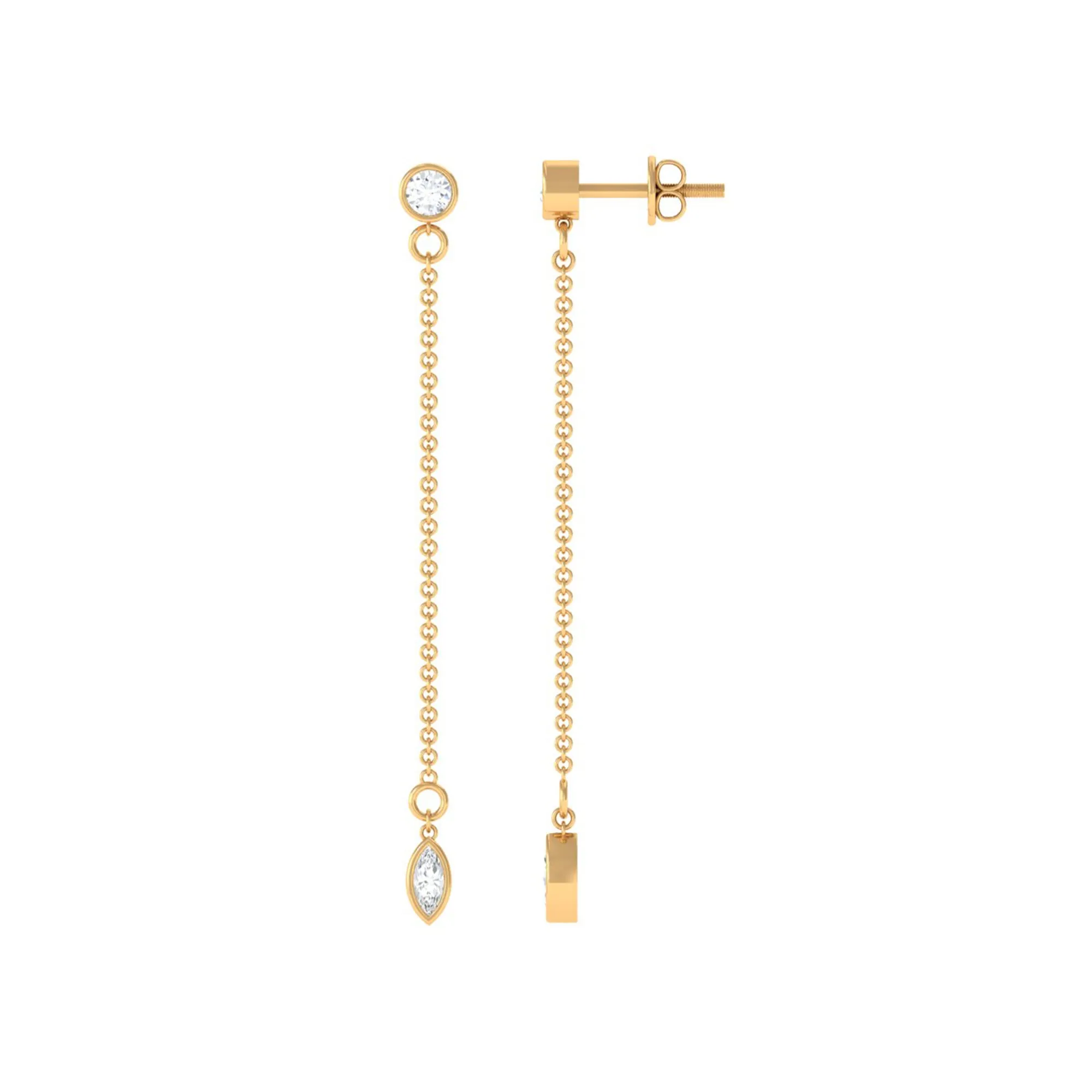 Marquise and Round Diamond Dangle Chain Earrings in Bezel Setting