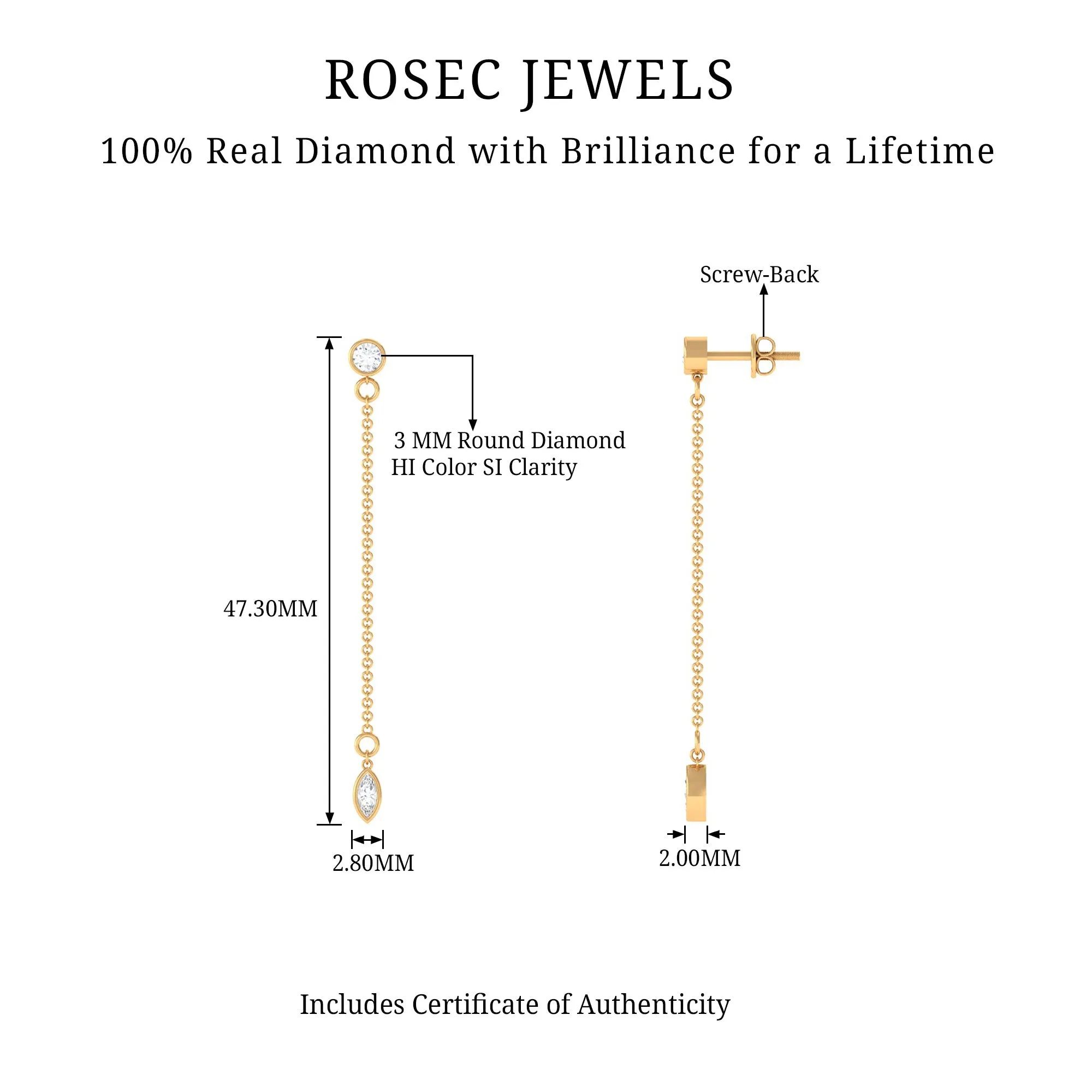 Marquise and Round Diamond Dangle Chain Earrings in Bezel Setting