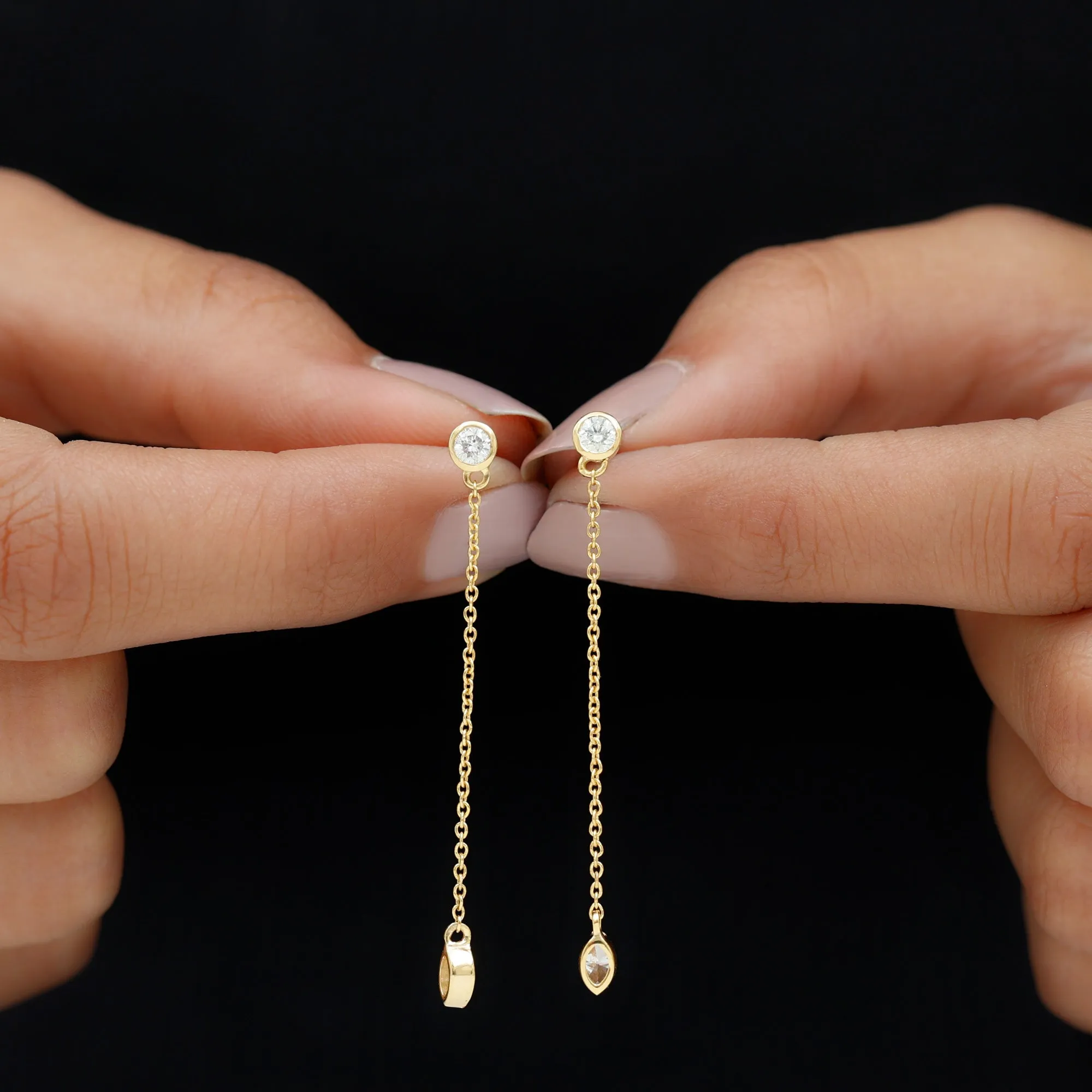 Marquise and Round Diamond Dangle Chain Earrings in Bezel Setting
