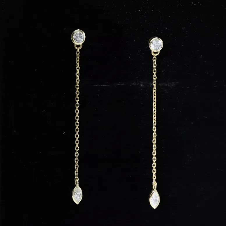 Marquise and Round Diamond Dangle Chain Earrings in Bezel Setting