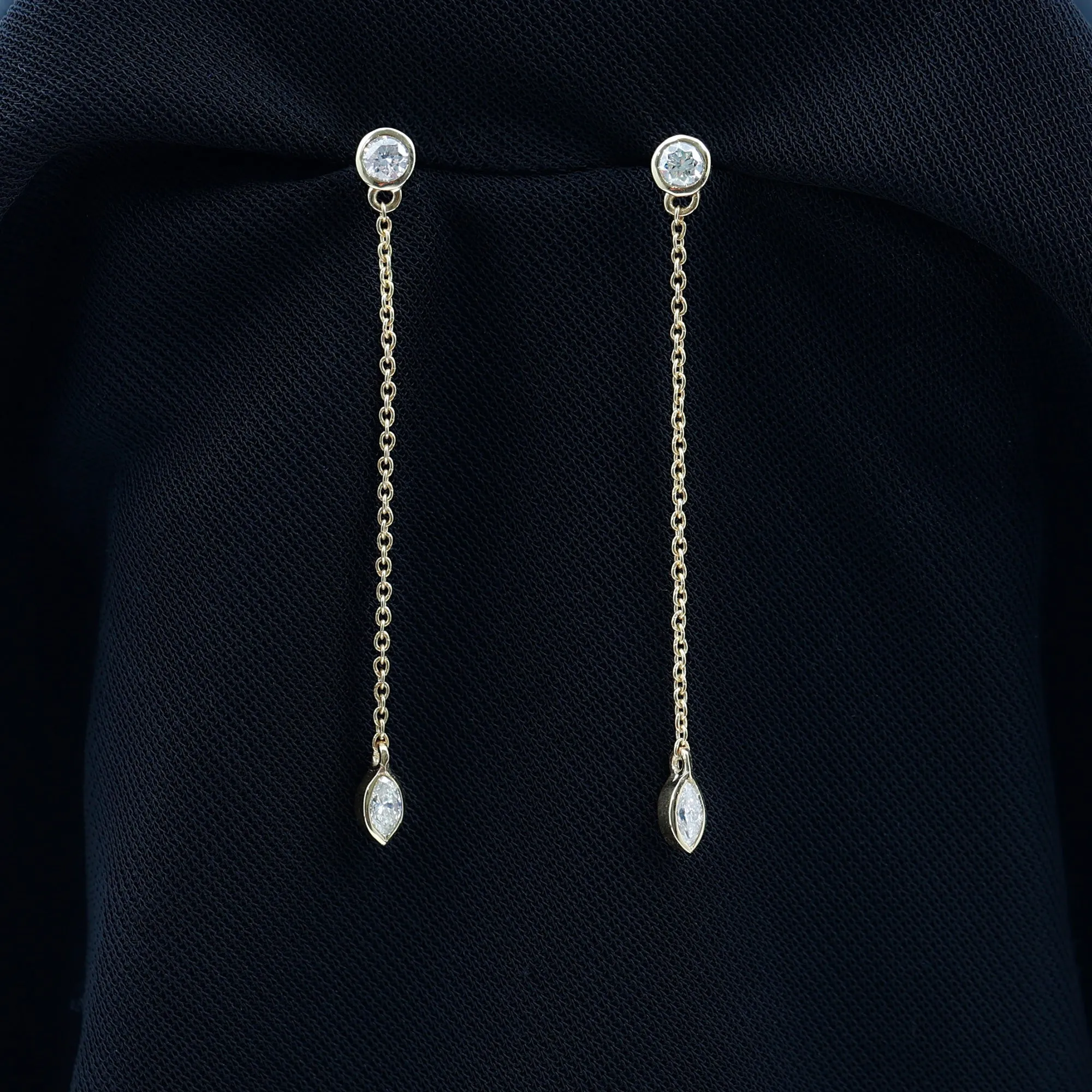 Marquise and Round Diamond Dangle Chain Earrings in Bezel Setting