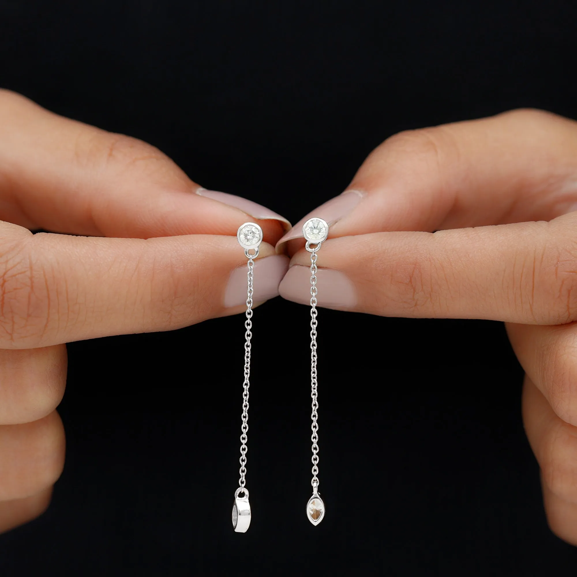Marquise and Round Diamond Dangle Chain Earrings in Bezel Setting