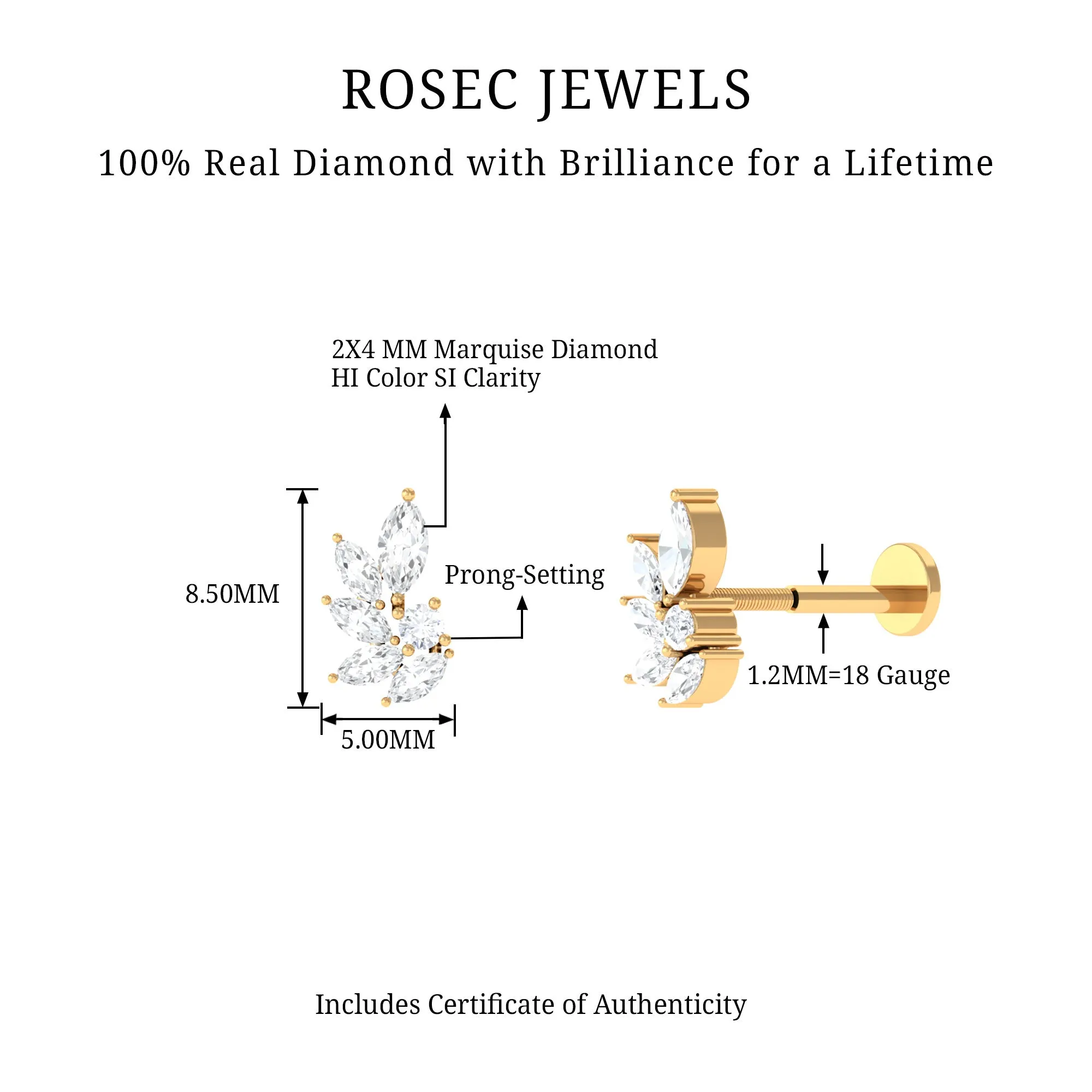 Marquise Diamond Leaf Cluster Earring for Cartilage Piercing