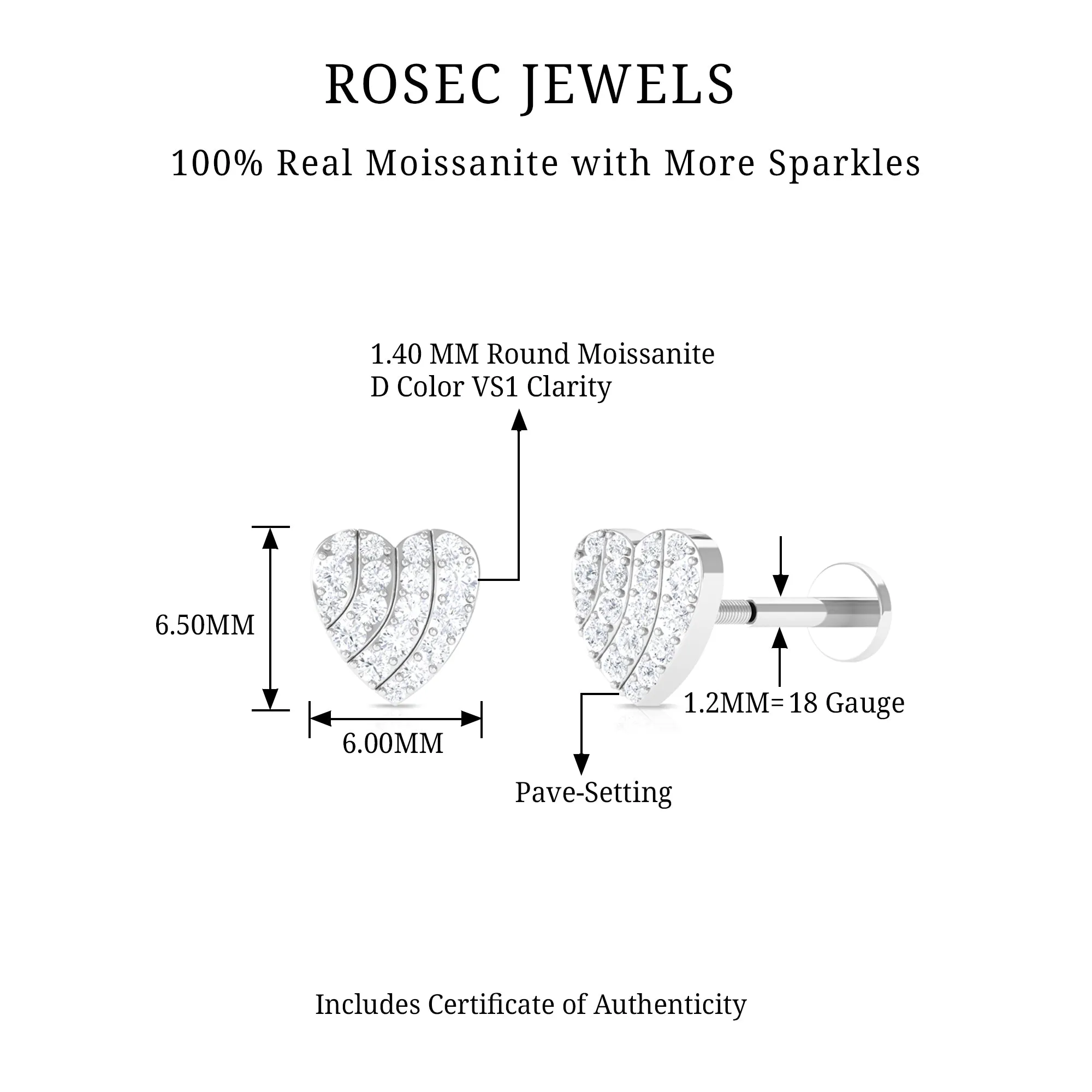 Moissanite Gold Heart Earring for Cartilage Piercing