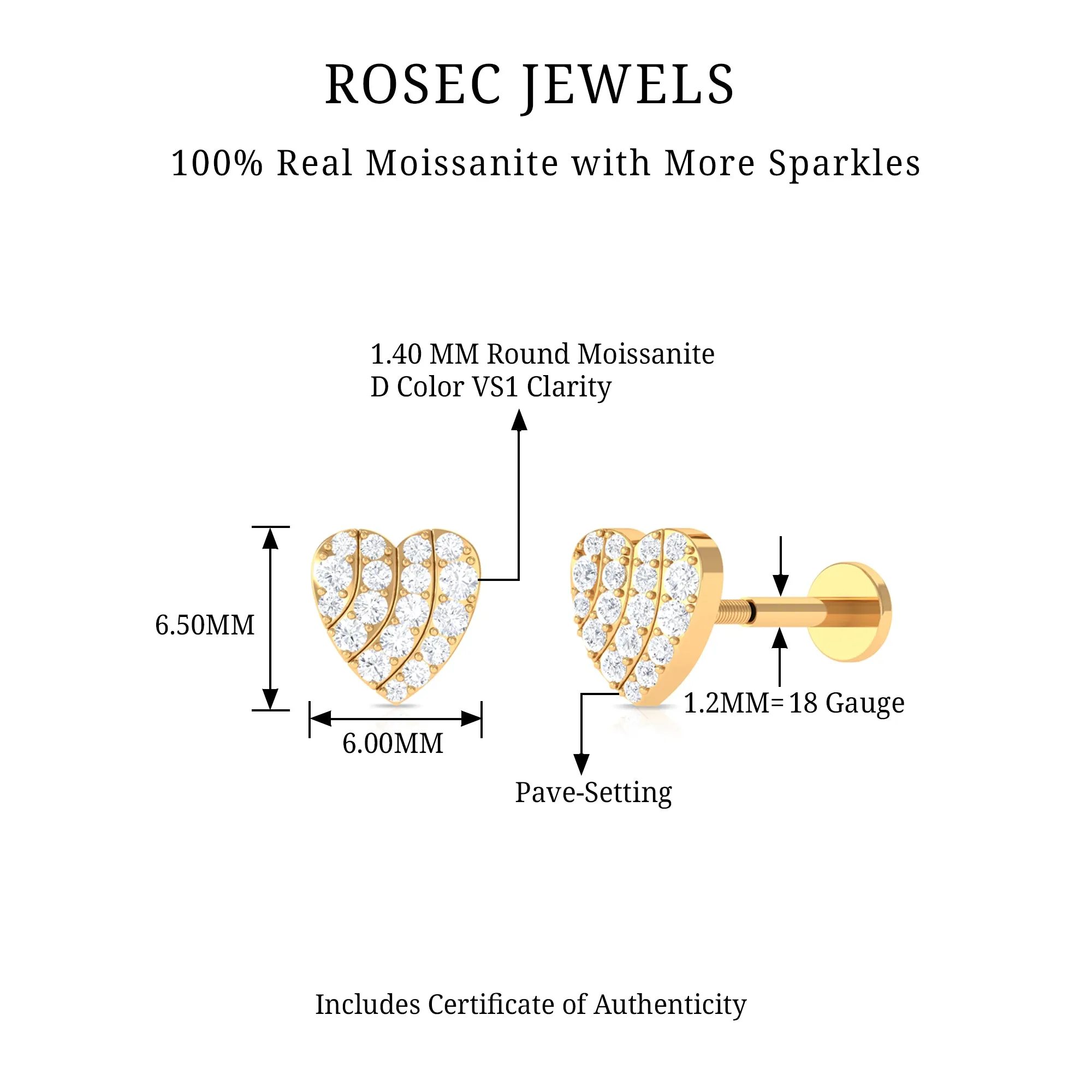 Moissanite Gold Heart Earring for Cartilage Piercing