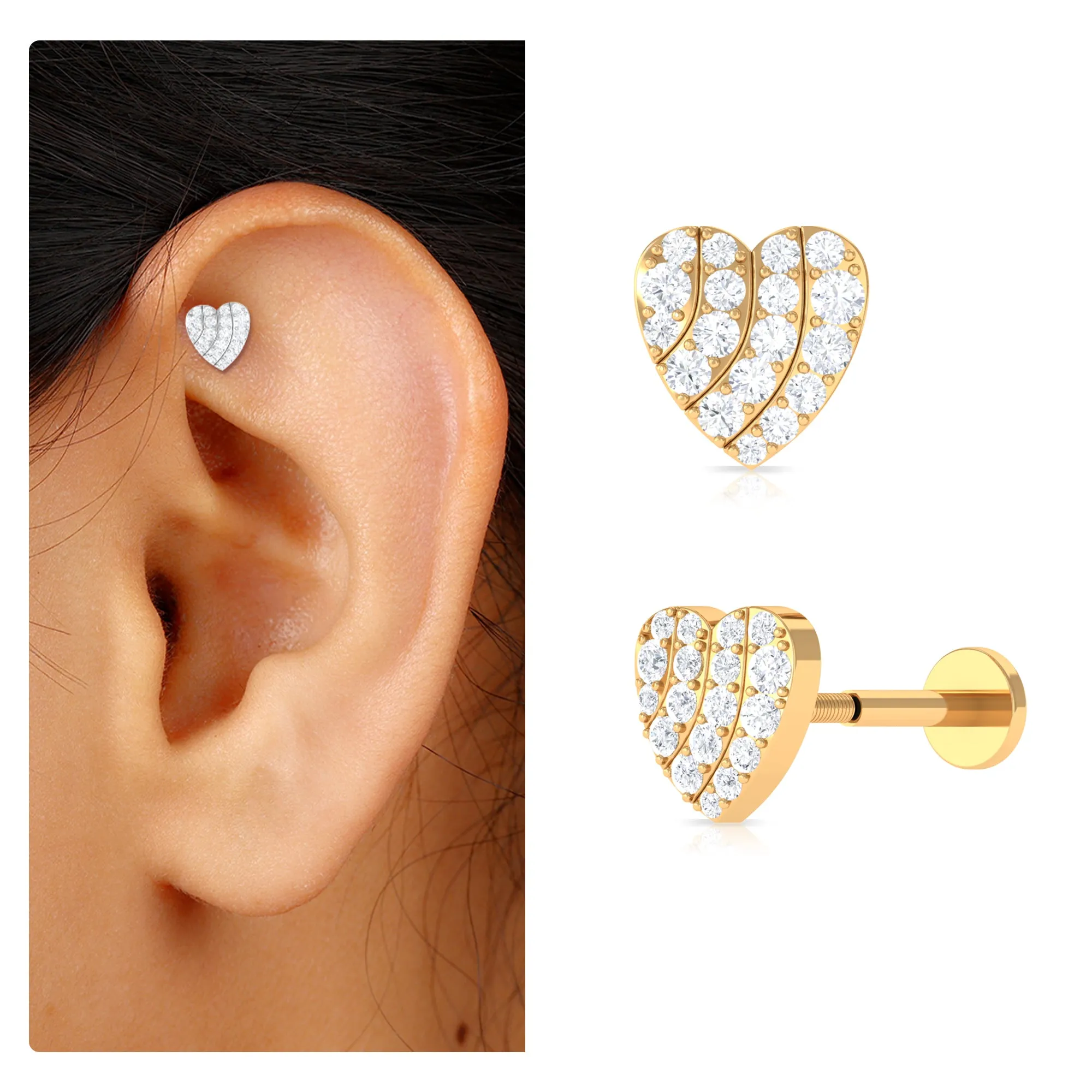 Moissanite Gold Heart Earring for Cartilage Piercing