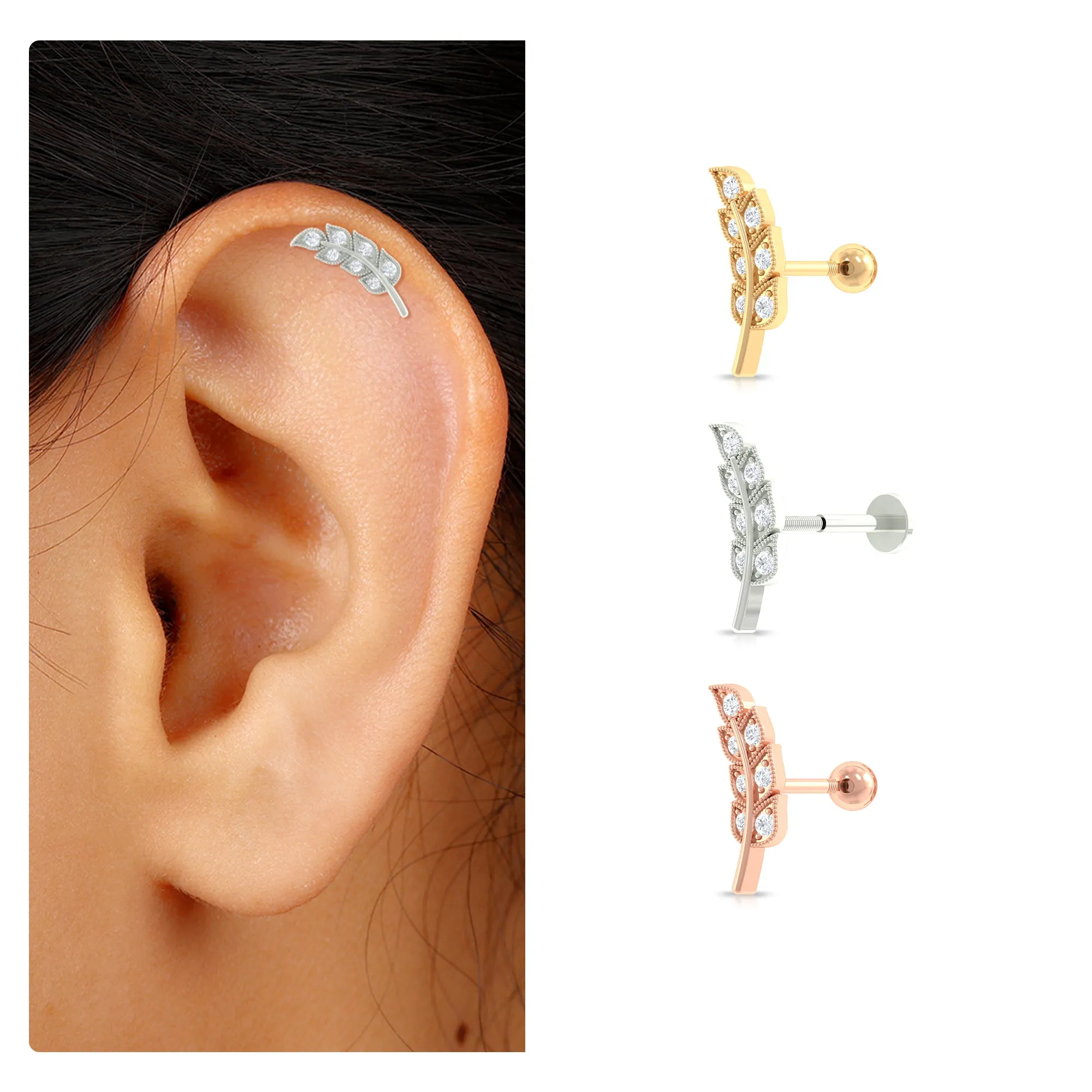 Moissanite Leaf Helix Earring with Gold Beads