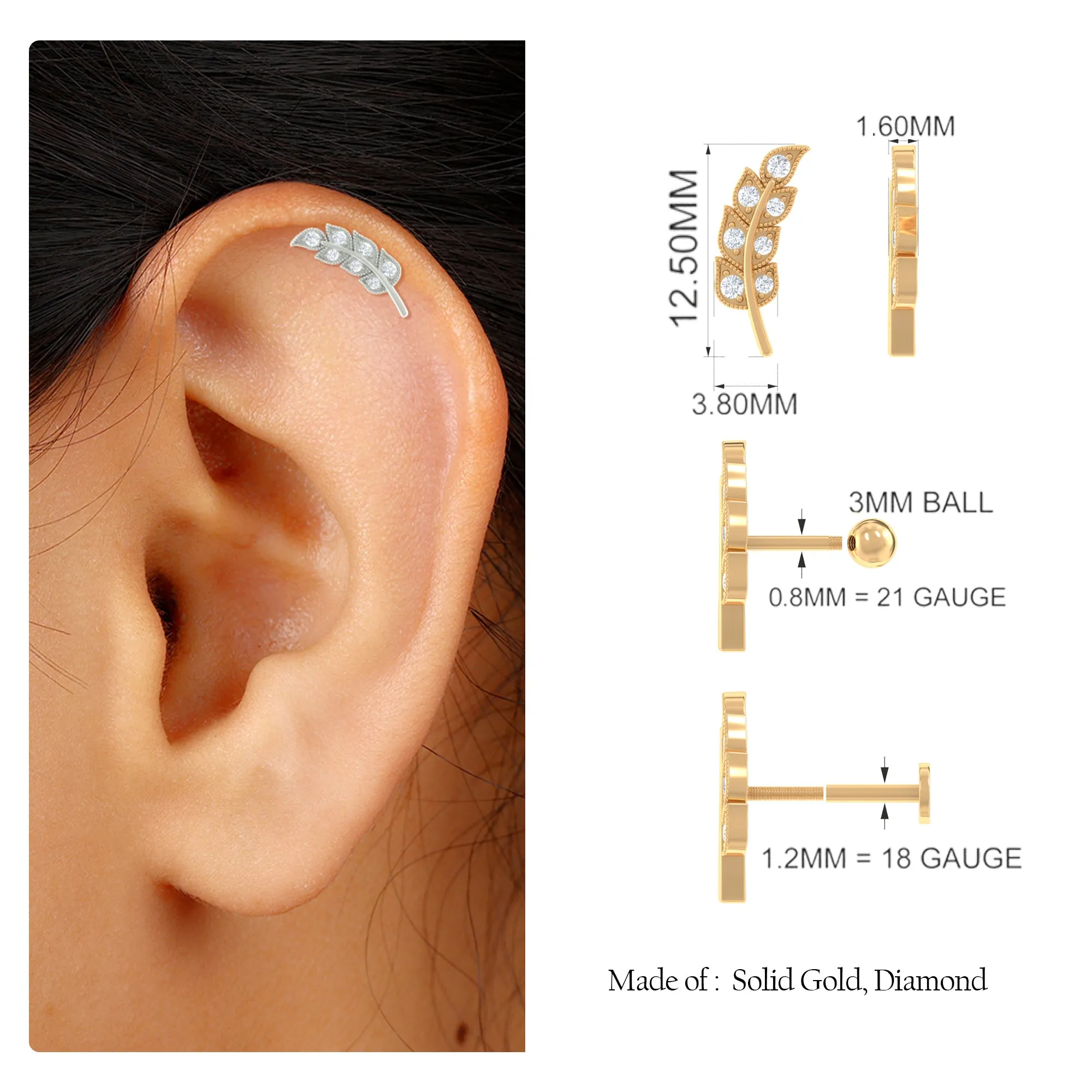 Moissanite Leaf Helix Earring with Gold Beads